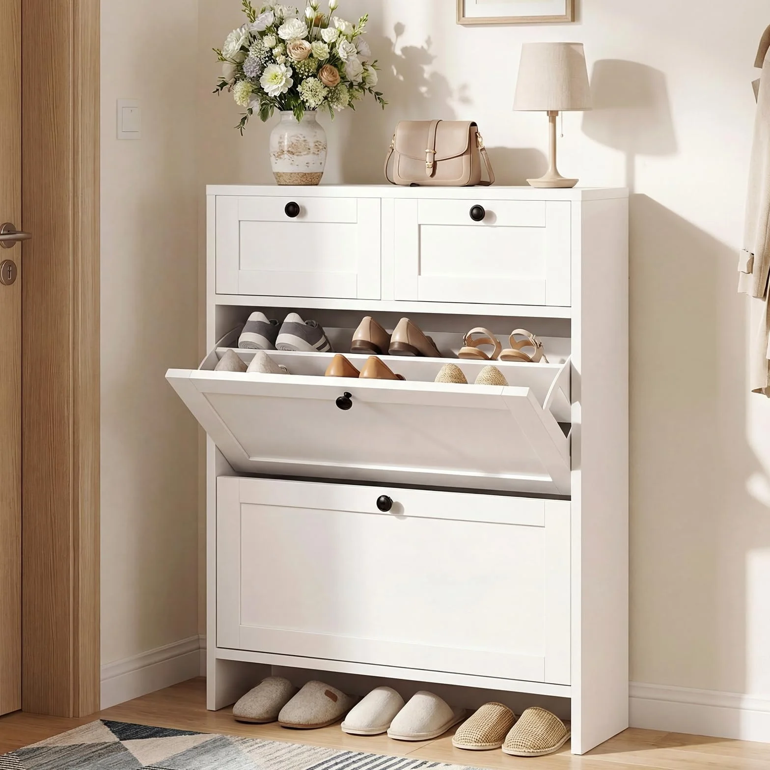VOWNER Zapatero Estrecho, 2 Puertas, Zapatero Entrada Recibidor, 80 x 24 x 110 cm (Largo x Ancho x Alto), para Entrada Estrecha, Pasillo (Blanco)