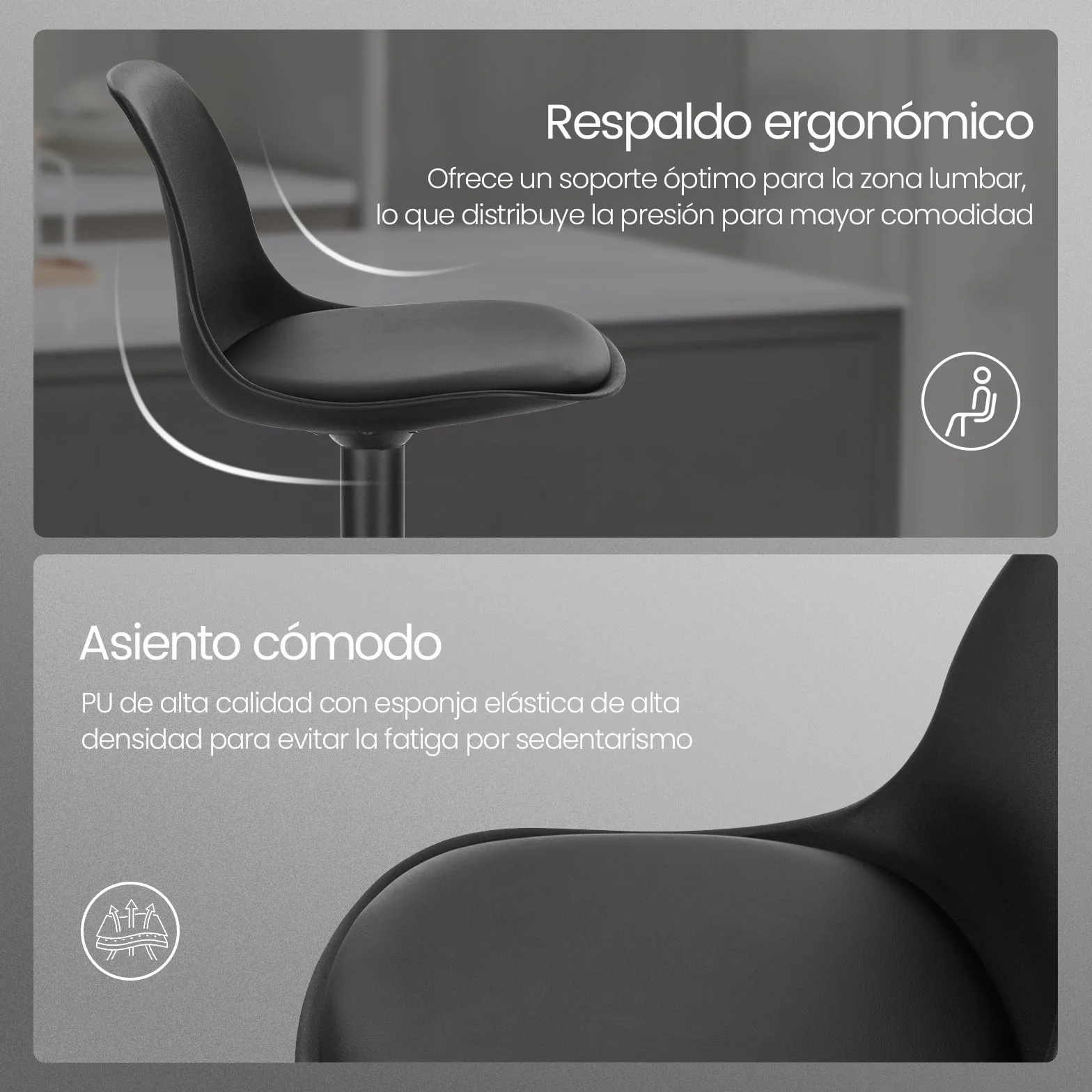 EUGAD Juego de 2X Taburete de Bar Giratorio, con Altura Ajustable Entre 60,5 y 82 cm, Taburete de Cocina, Estructura Metal, con Respaldo y Reposapies, Negro Tinta, Cuero Sintético