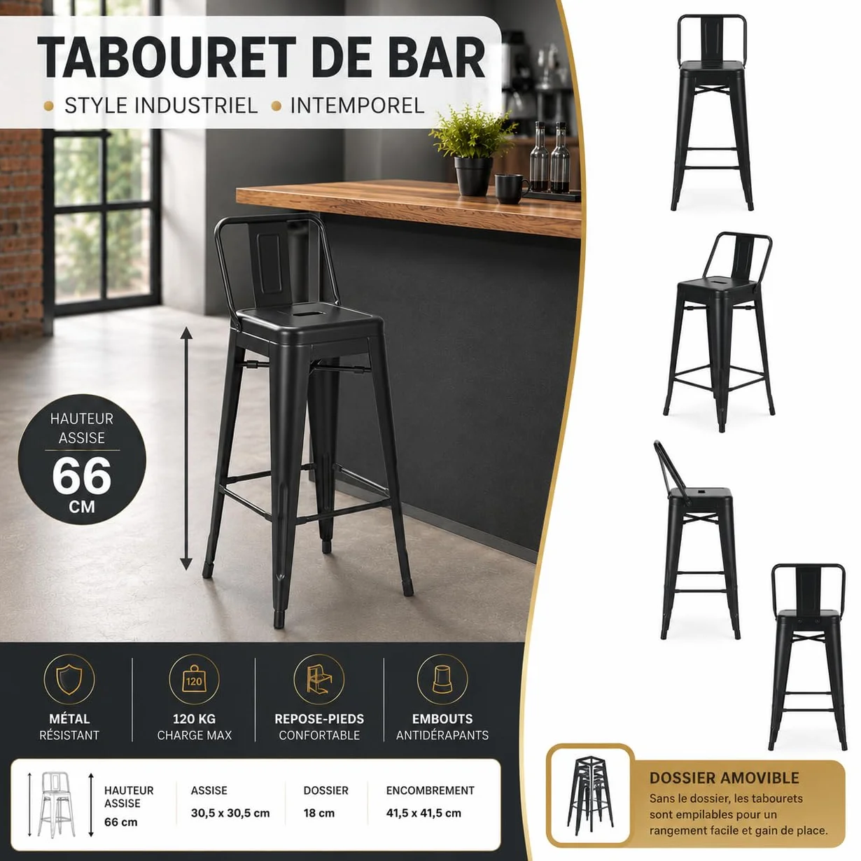 Kosmi - Lote de 4 taburetes de Bar en Metal Negro Mate con Respaldo pequeño, sillas de Bar Taburetes de Metal Altura 66 cm Mesa de 90 cm, Isla Central o encimera