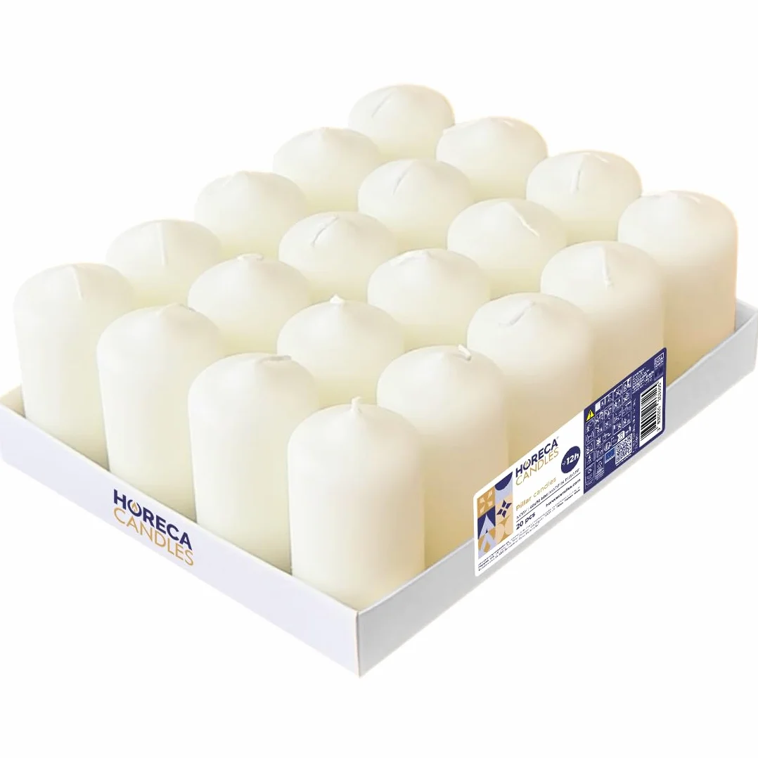 Horeca Velas de Pilar Marfil Ø 4 x 7 cm Juego 20 Velones 12 Horas Sin Olor Goteo Humo
