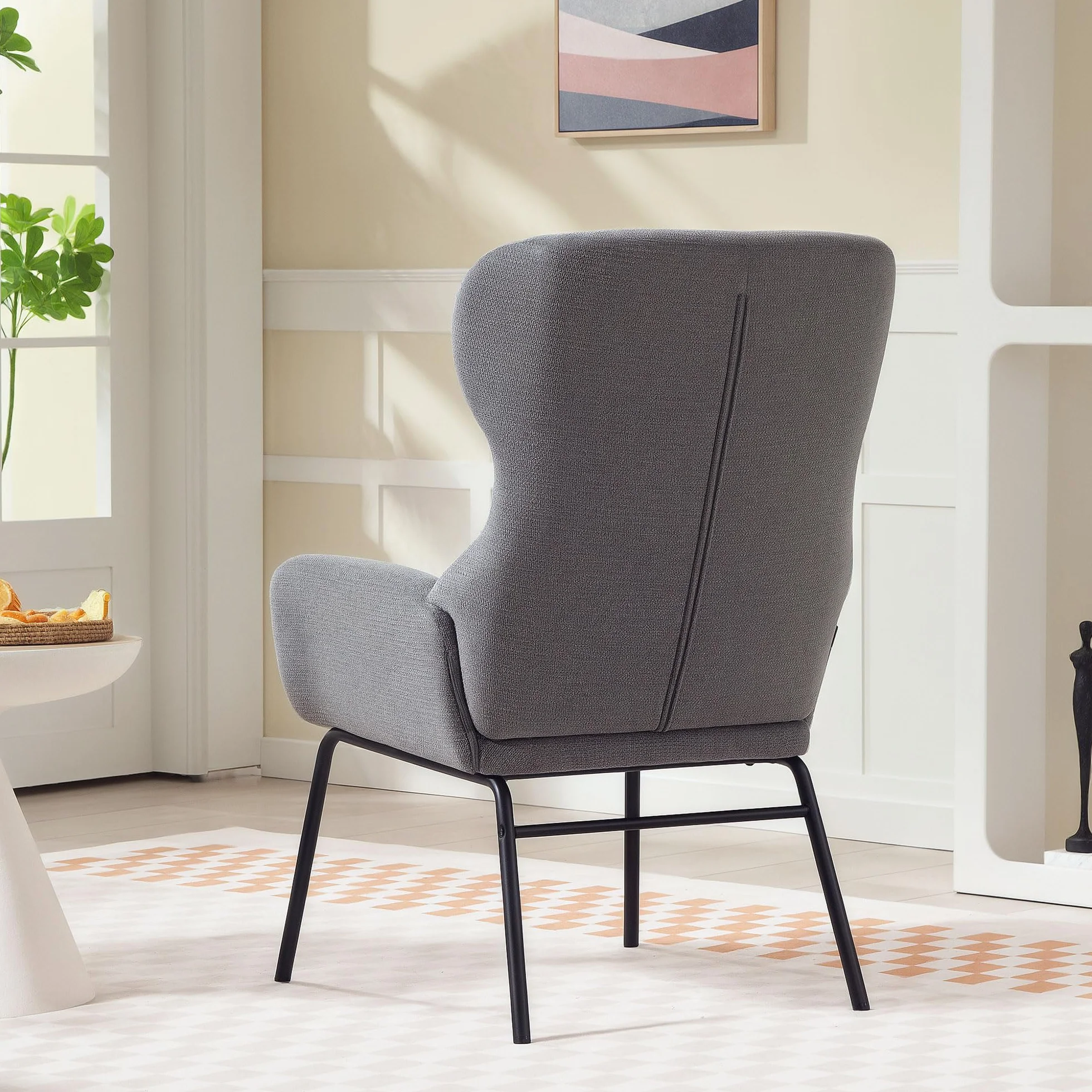 HOMCOM Sillón con Patas de Acero, Respaldo Alto, con Aspecto de Lino, para Dormitorio, Color Gris Oscuro