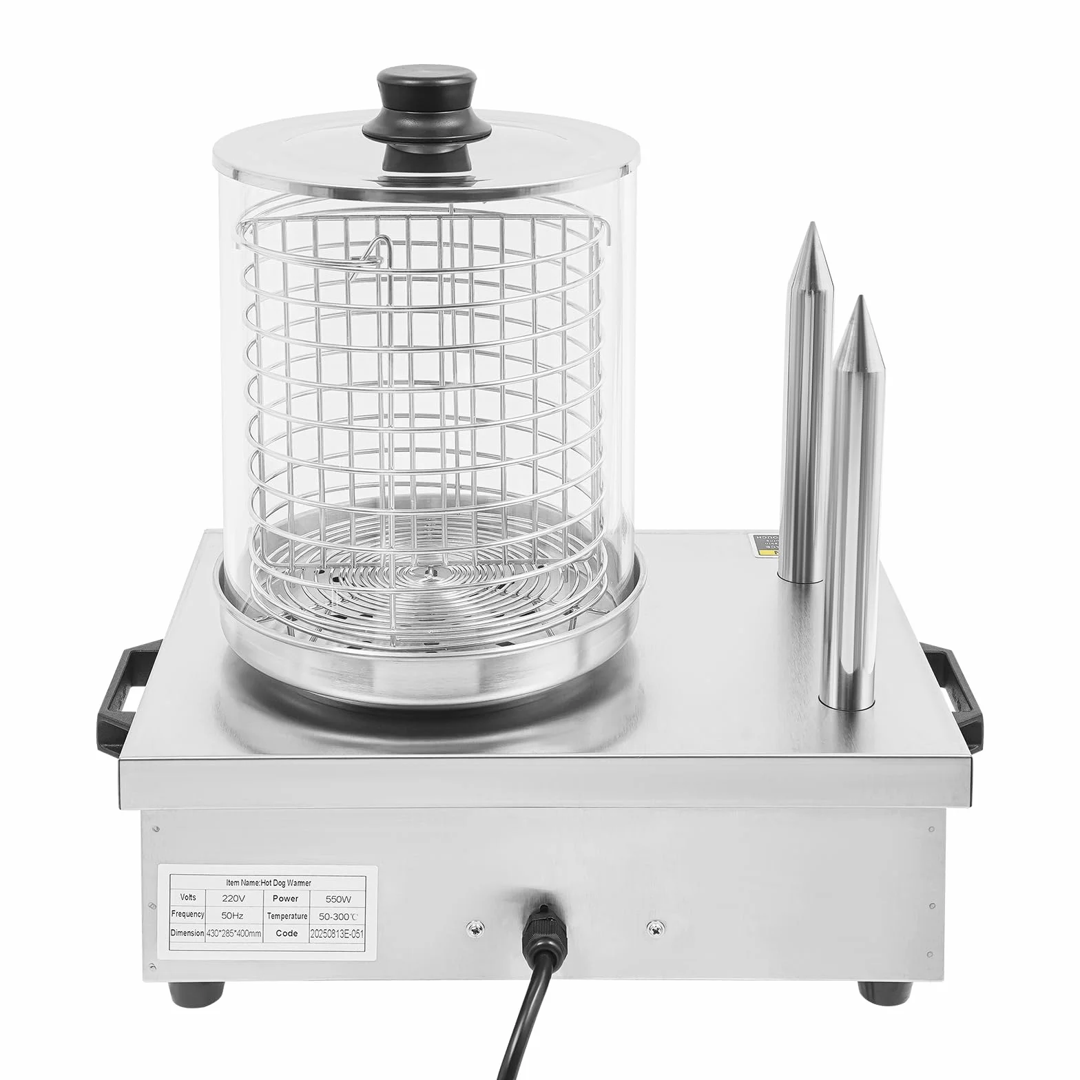 Calentador de perro caliente profesional, calentador de acero inoxidable con capacidad de 6 L y 2 barras de pan, control de temperatura 50-300 °C, potencia de 550 W para comida y fiestas, 37 x 28,5 x