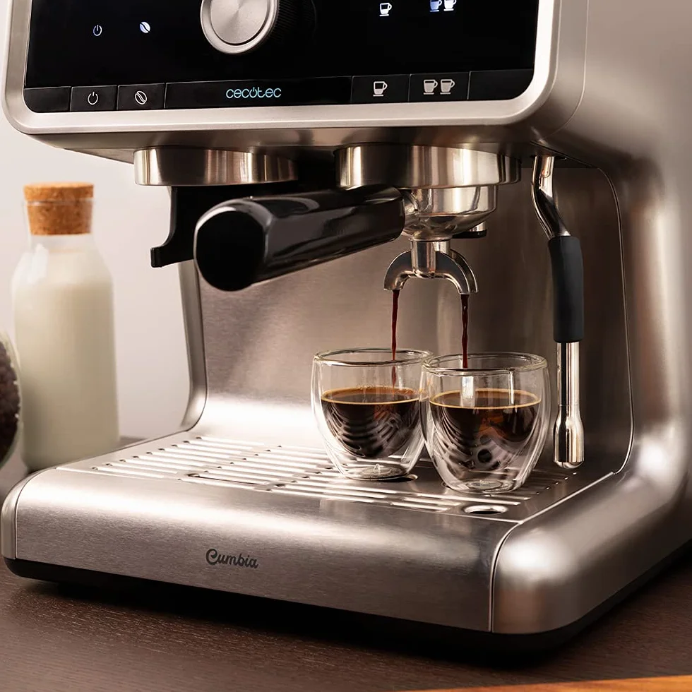 Cecotec Cafetera Express con Brazo con Doble Salida Power Espresso 20 Bares Barista Cream, 1550 W, Depósito de Café en Grano 250g, Molinillo 30 Niveles, Thermoblock, Depósito Agua 2.5 L, Acero Negro