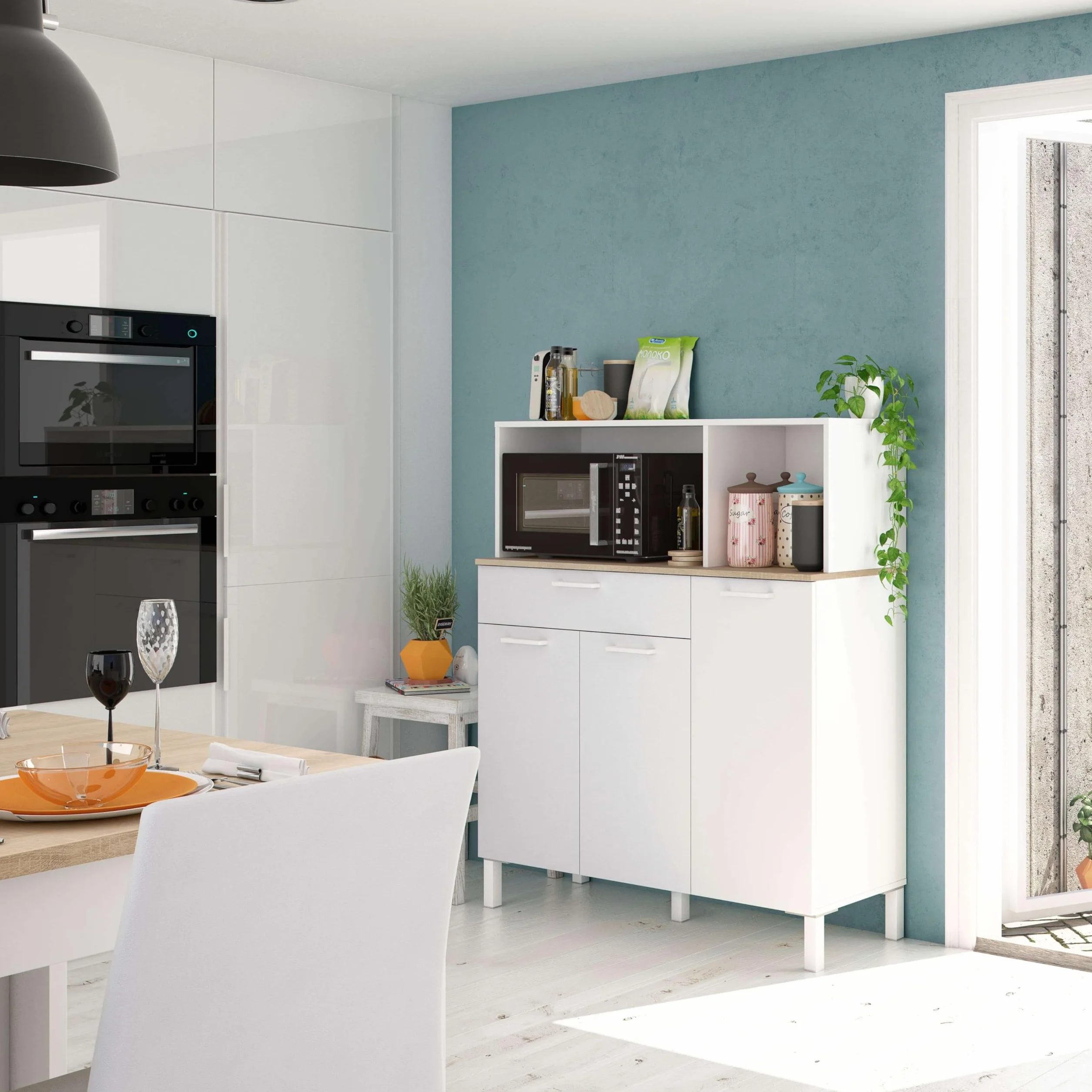 Miroytengo Mueble Auxiliar Aparador de Cocina Yuka Estilo Nórdico Color Blanco Artik y Roble Canadian 108x126x40 cm