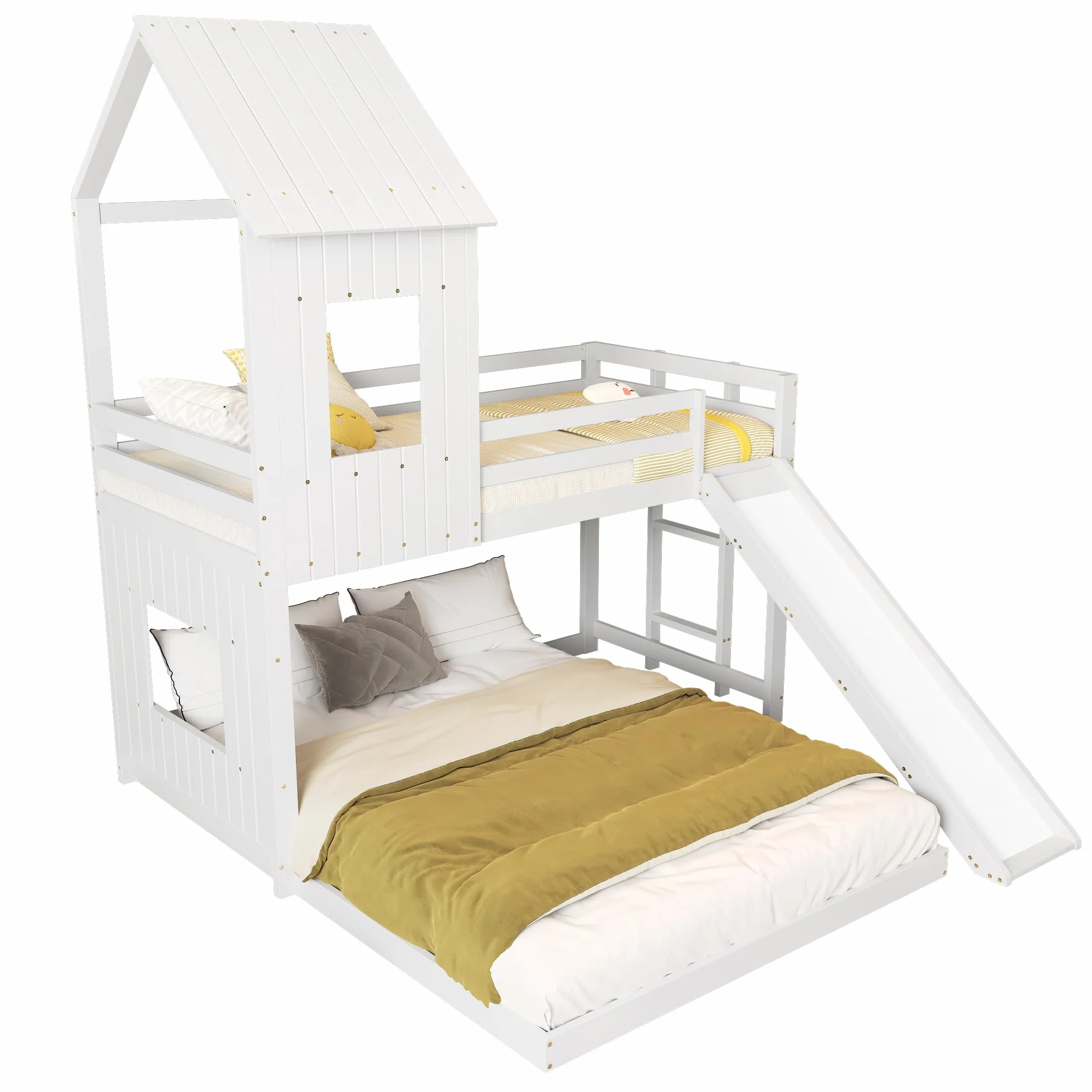 Azkoeesy Litera Infantil con Tobogán (90 x 200 y 140 x 200) - Cama Familiar en Forma de casa con somier/anticaídas para niños y Adultos, Cama de Invitados, Cama Juvenil, Madera de Pino, Color Blanco