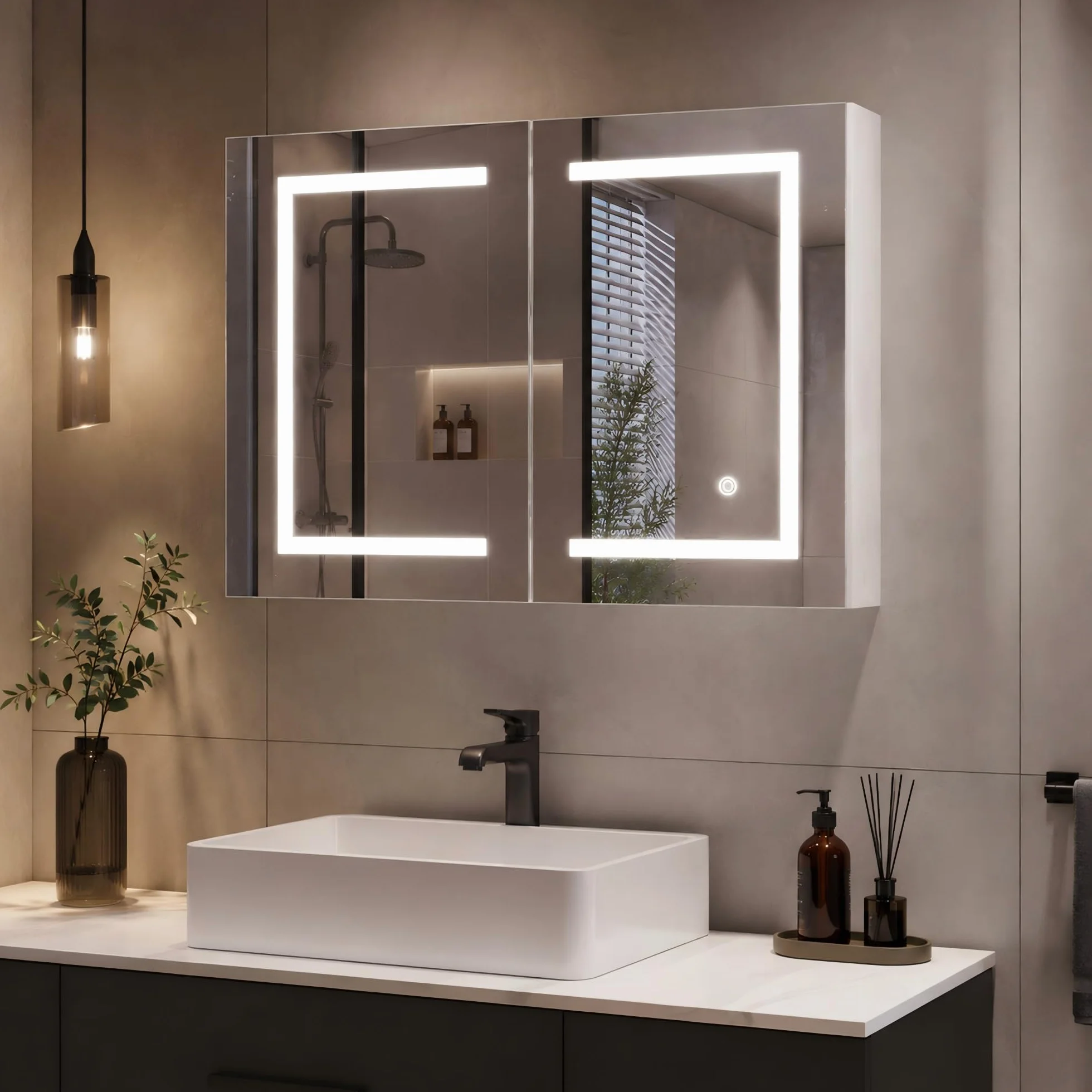 Armario con Espejo Baño con Luz LED, Armario de Baño con Estantes Ajustables, Espejo Inteligente baño con Interruptor de Sensor Táctil, Temperatura de Color Ajustable (60 x 80 x 14 cm)