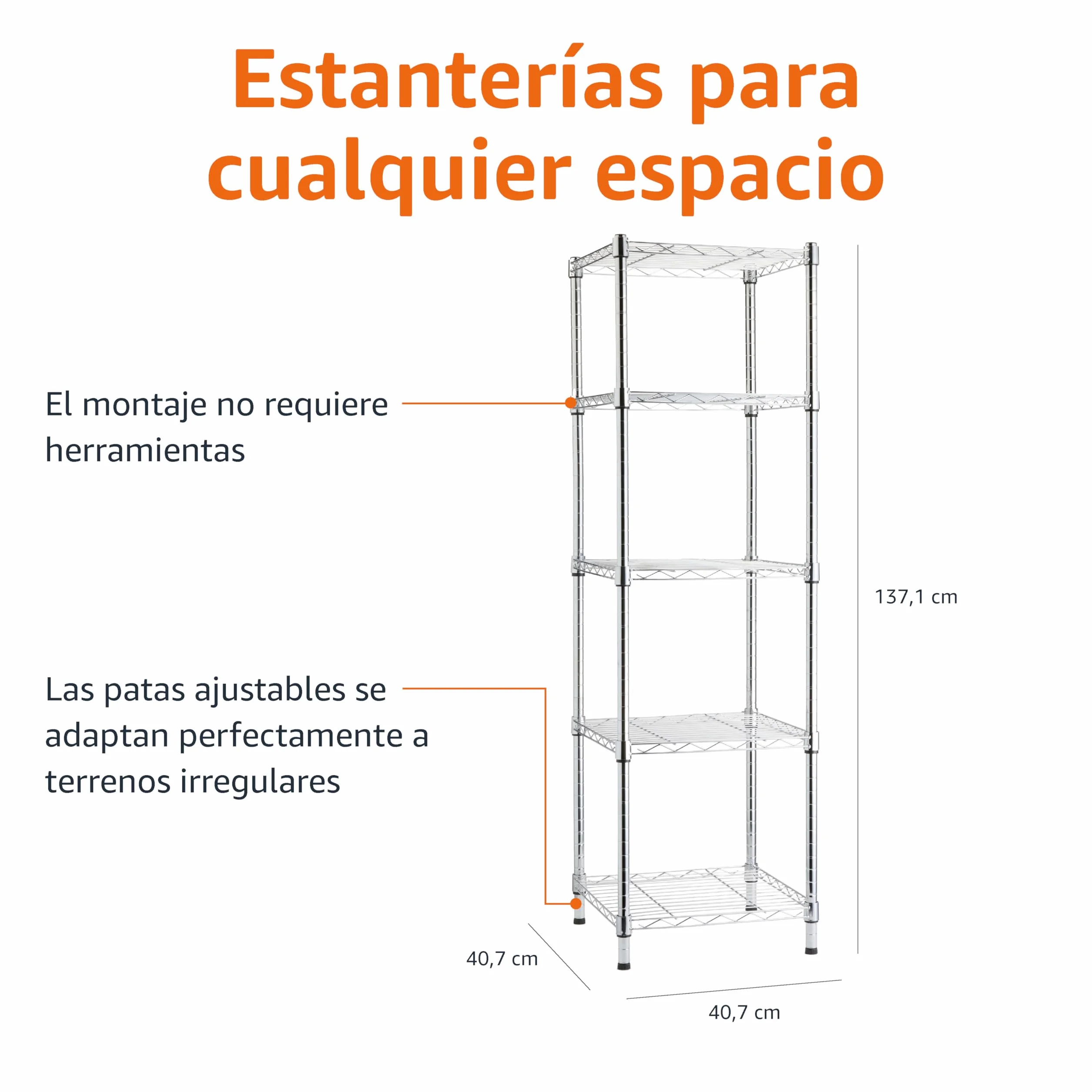 Amazon Basics Estantería ajustable con 5 baldas, Cromado, 40.6 cm x 40.6 cm x 137 cm