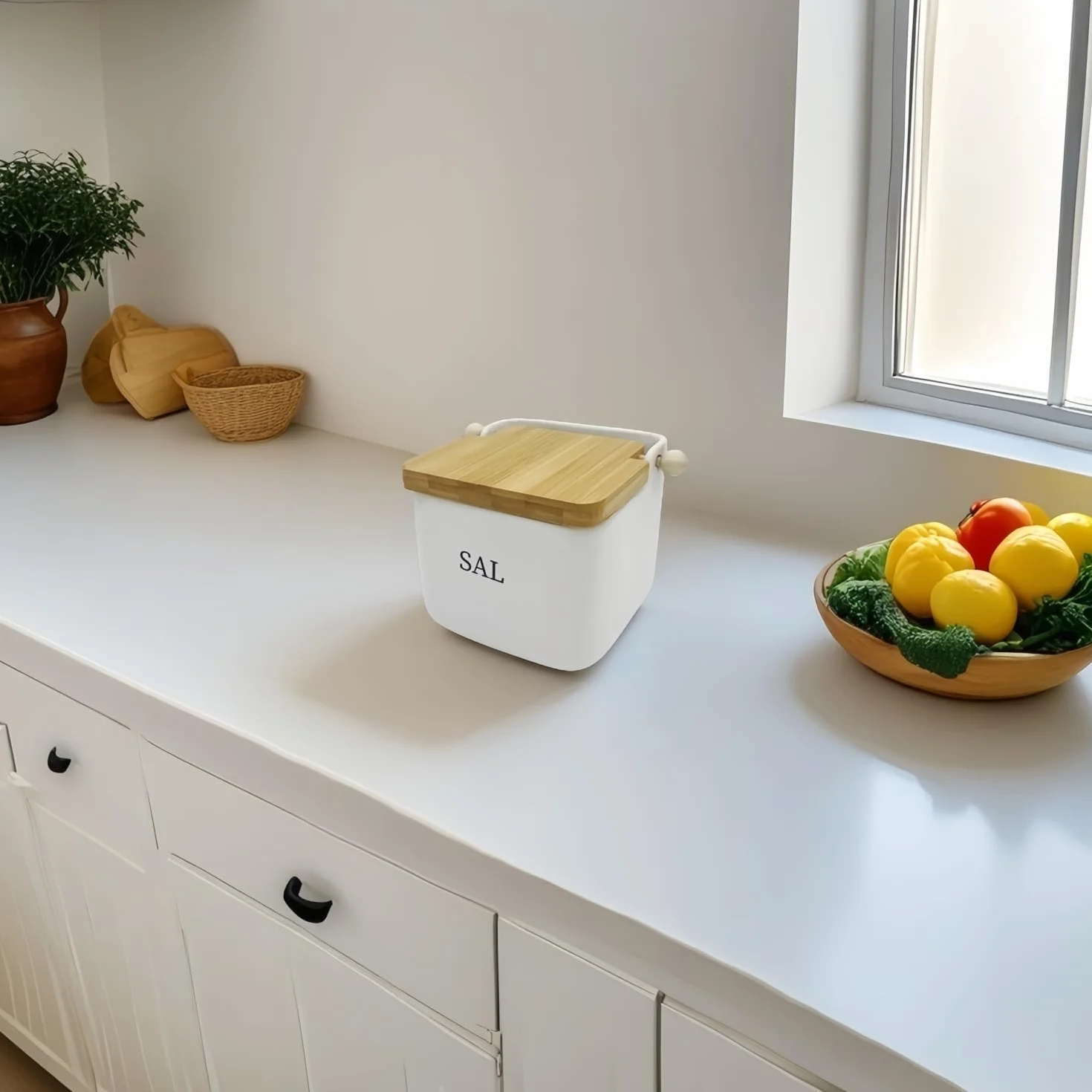 Salero cocina ceramica tapa madera abatible blanco minimalista