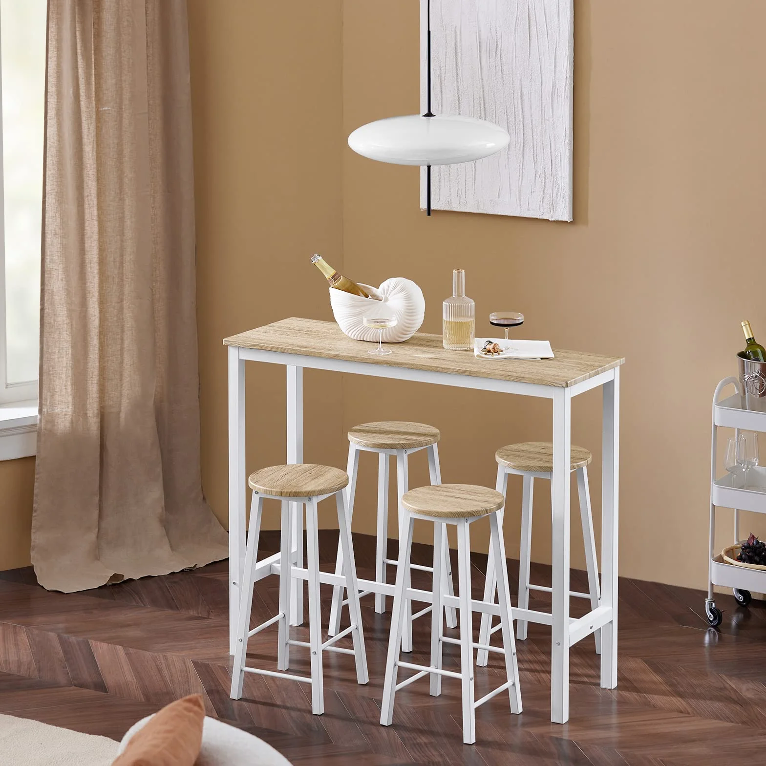 SoBuy Mesa Comedor, Juego de Mesa Alta con 4 Taburetes, Mesa y Sillas de Comedor para Espacios Reducidos, Conjunto de Bar Moderno Blanco OGT22-WN