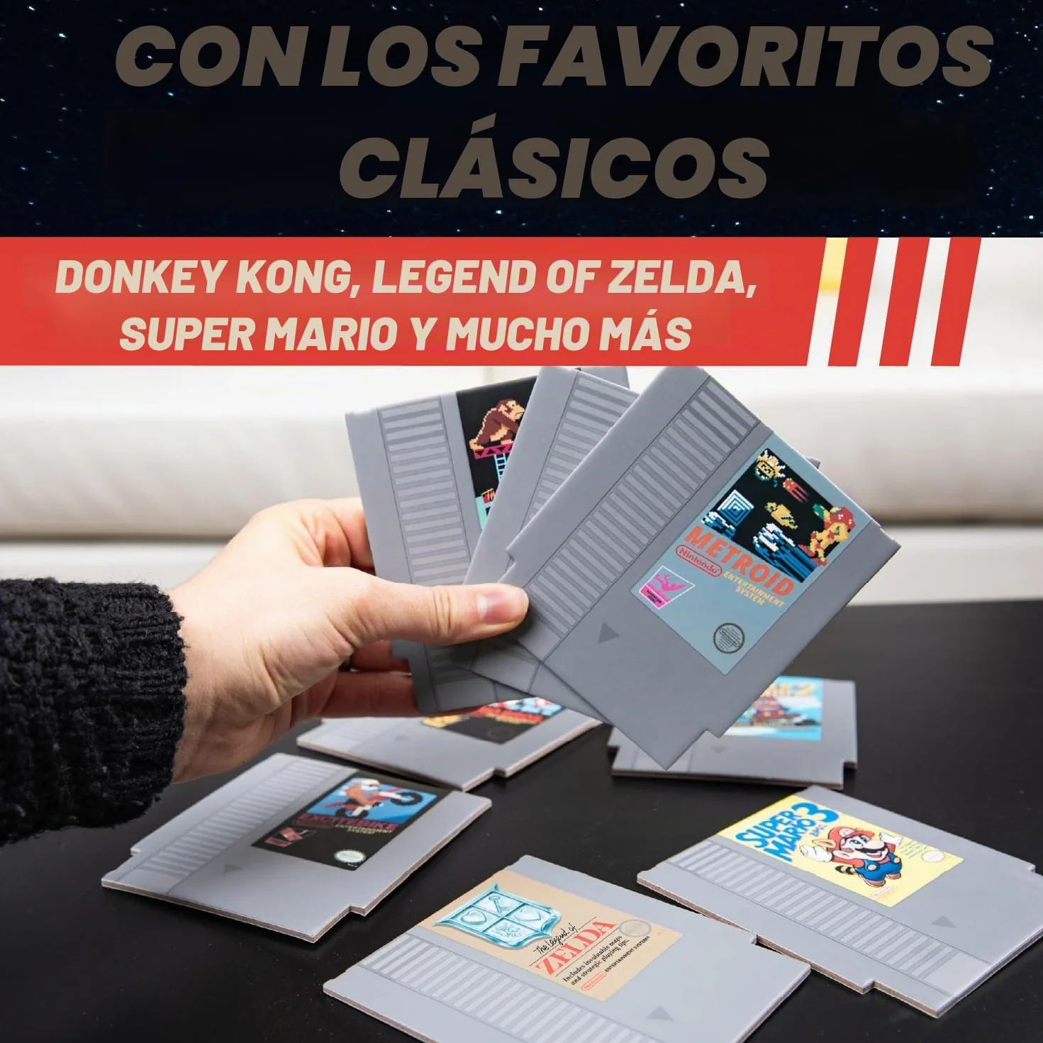 Posavasos Retro NES Nintendo - Set de 8 Posavasos Oficiales con Juegos Clásicos, Regalo para Gamers