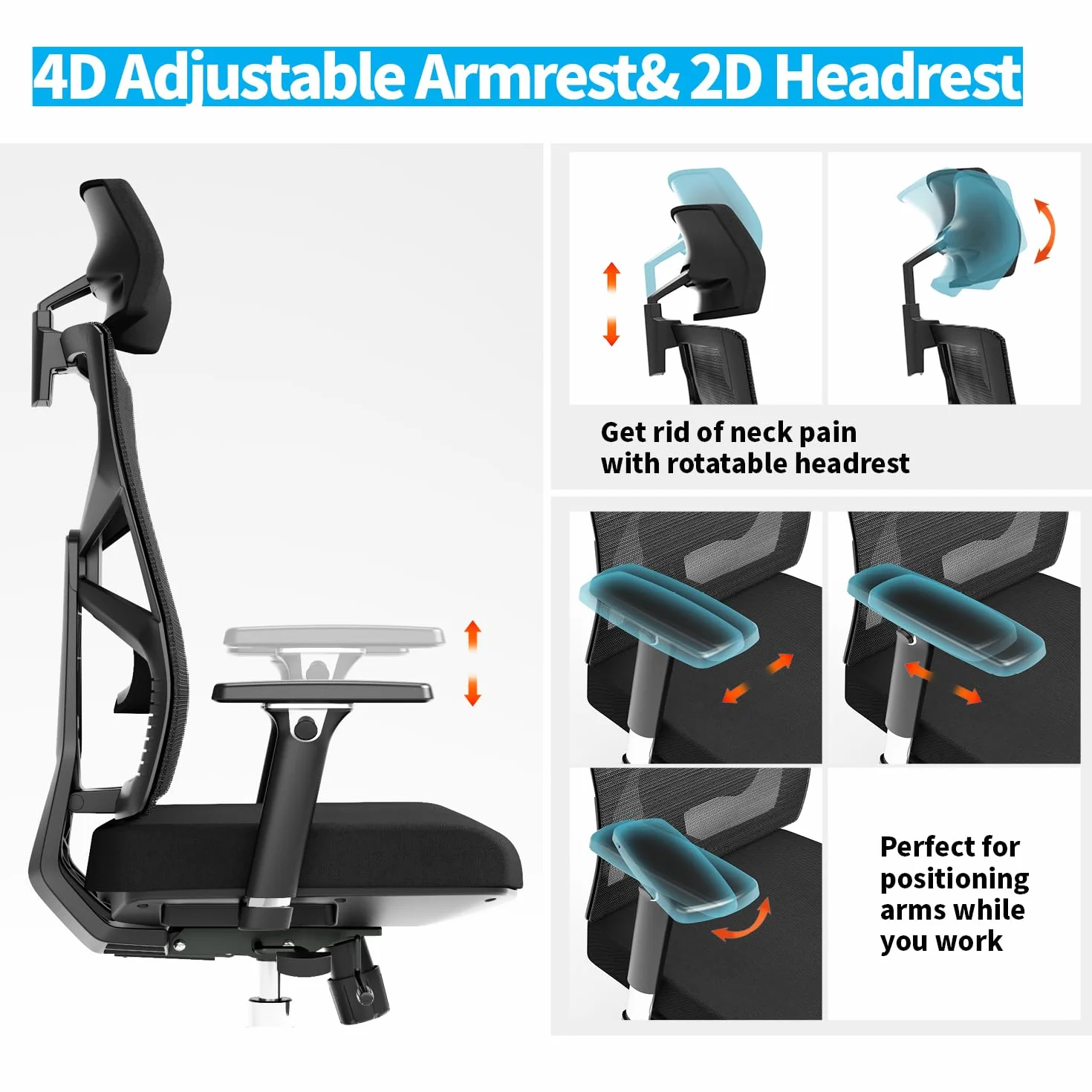 Silla de Oficina Ergonómica con Respaldo Adaptativo, Reposabrazos 4D, Soporte Lumbar, Negro