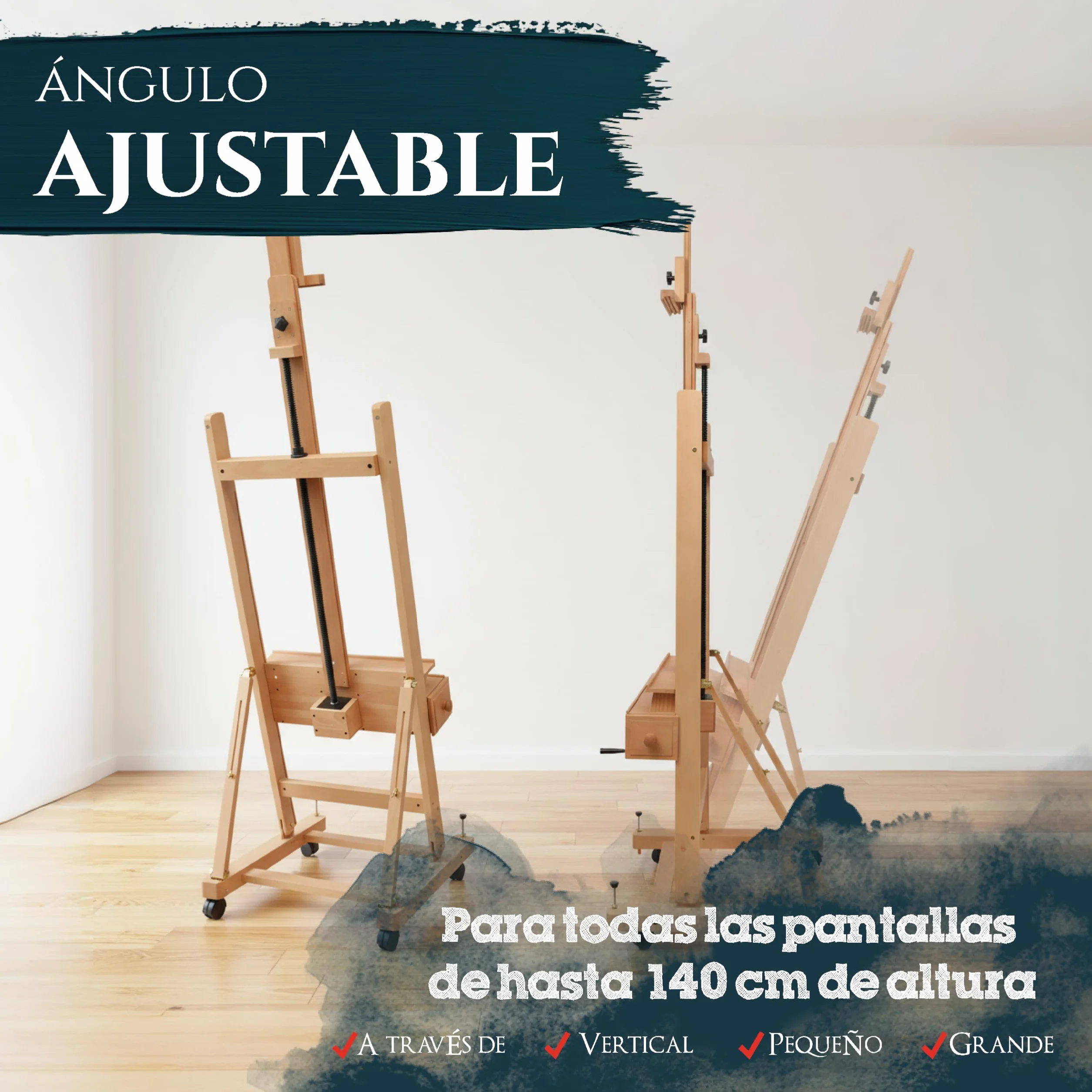 Artina Caballete de Pintura Profesional de Estudio con Ruedas Pisa - Caballete Profesional Madera Maciza de Haya - para Lienzos hasta 210cm de Altura con Cajones para Todos Sus Utensilios de Pintura