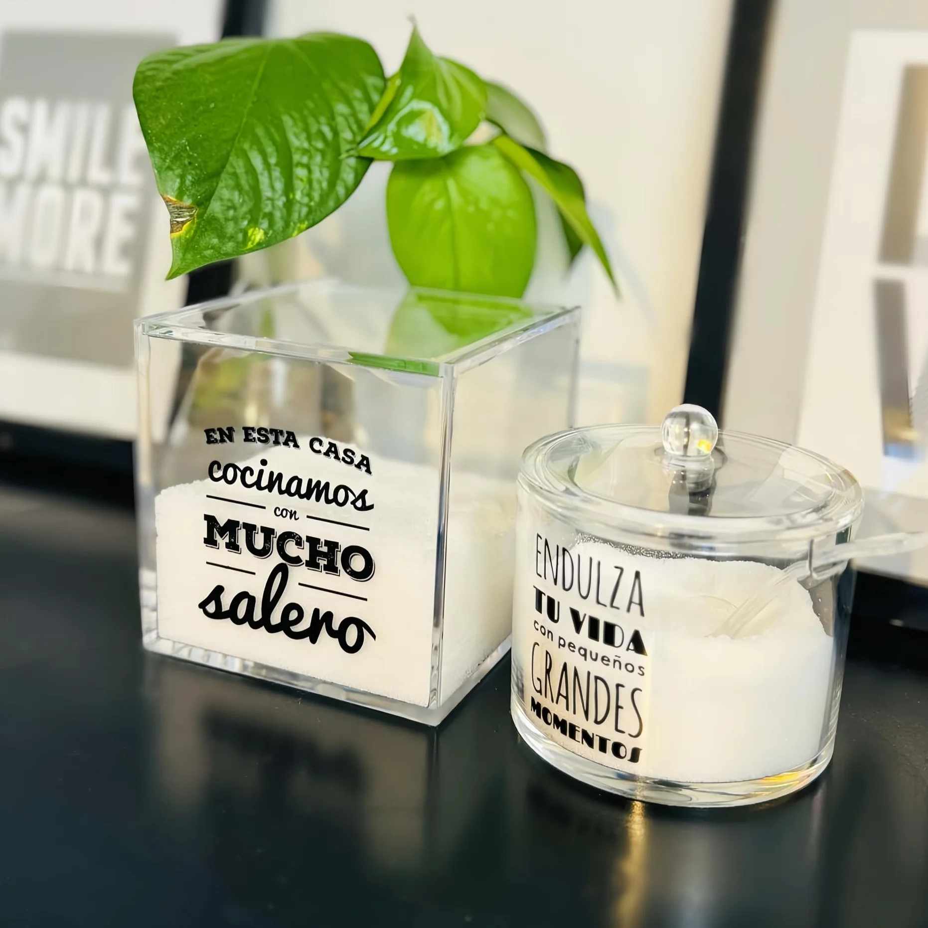 Juego de Salero y Azucarero de Cocina Acrílico Transparente con Cuchara y Tapa