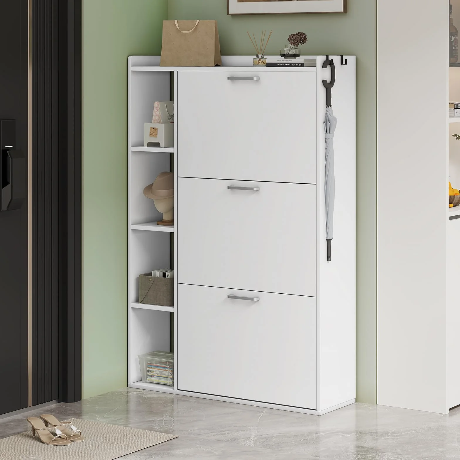 Zapatero Estrecho Recibidor Mueble Zapatero 3 Puertas con 4 Compartimentos de Almacenamiento para 18-24 Pares de Zapatos，para Sala de Estar, Pasillo de Entrada, 80x24x122cm Blanco