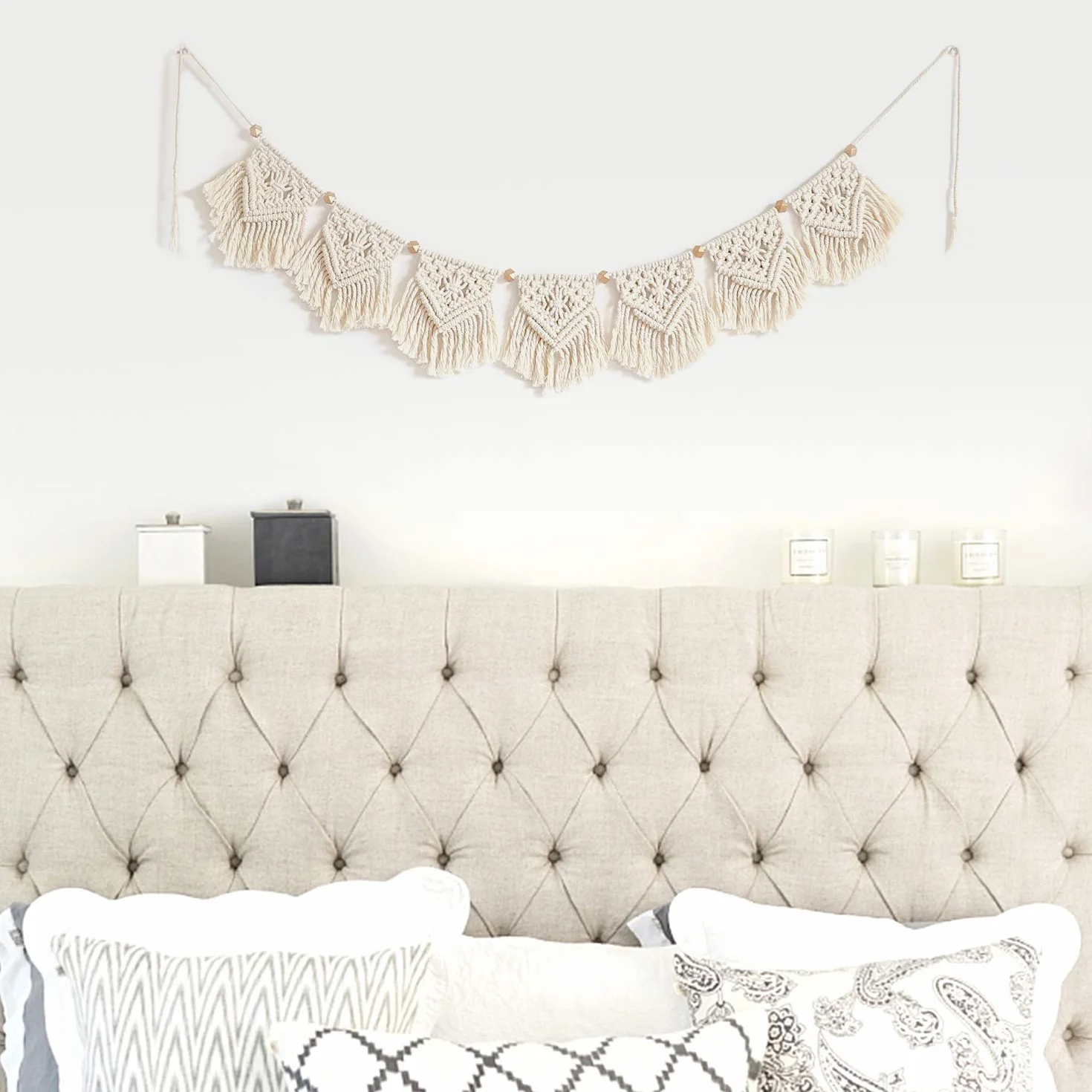 Mkouo Colgante de Pared de macramé Tapiz Banner de Guirnalda de Flecos Decoración de la Pared de algodón Tejido for Sala de Estar Dormitorio Boda decoración，19cm(W) x 101.6cm(L)