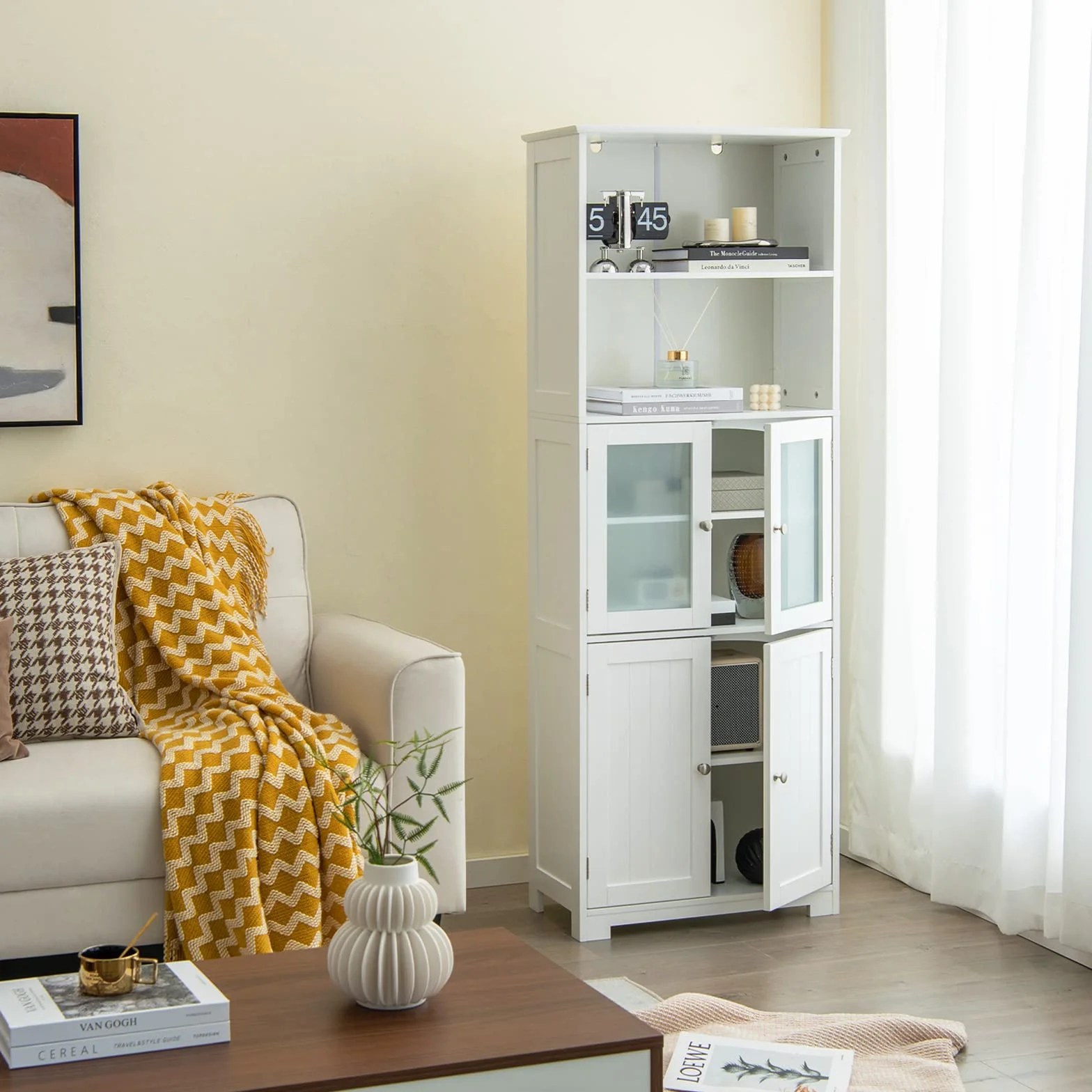 GIANTEX Armario de Almacenamiento Alto, Gabinete de Baño con Puerta & Estante Ajustable, Organizador Independiente de Suelo para Dormitorio, Cocina, Sala de Estar, Blanco,60 x 30 x 163 cm (Blanco)