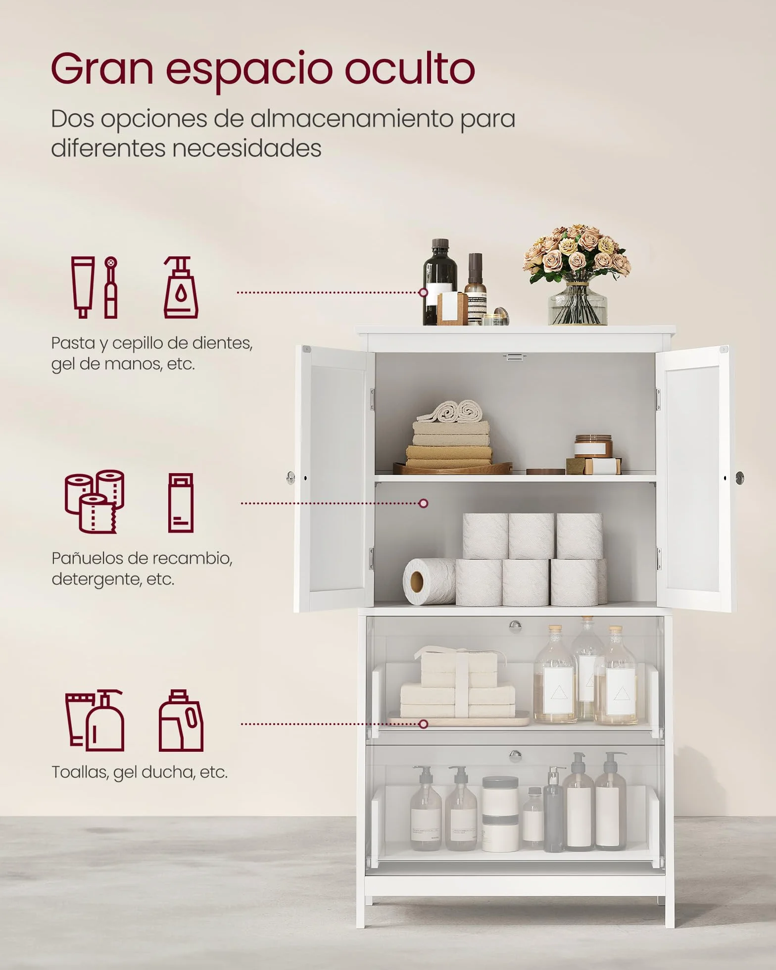 VASAGLE Mueble de Baño Armario de Cocina y Almacenaje con 2 Cajones y 2 Puertas, Estante Ajustable 30x60x110 cm Blanco