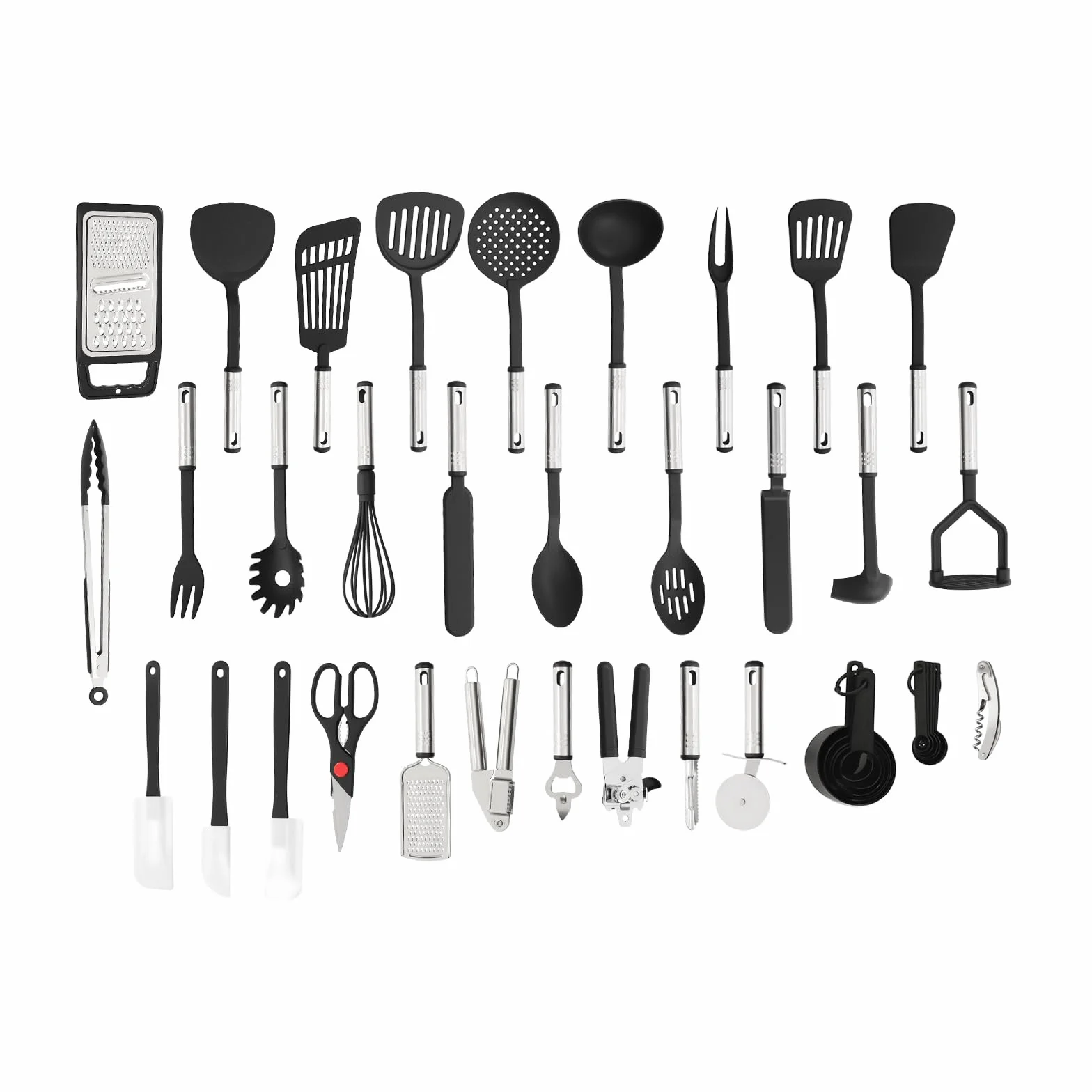 Juego de 40 utensilios de cocina, color negro y plateado, de nailon y acero inoxidable, resistente al calor hasta 410 °C, juego completo de utensilios de cocina