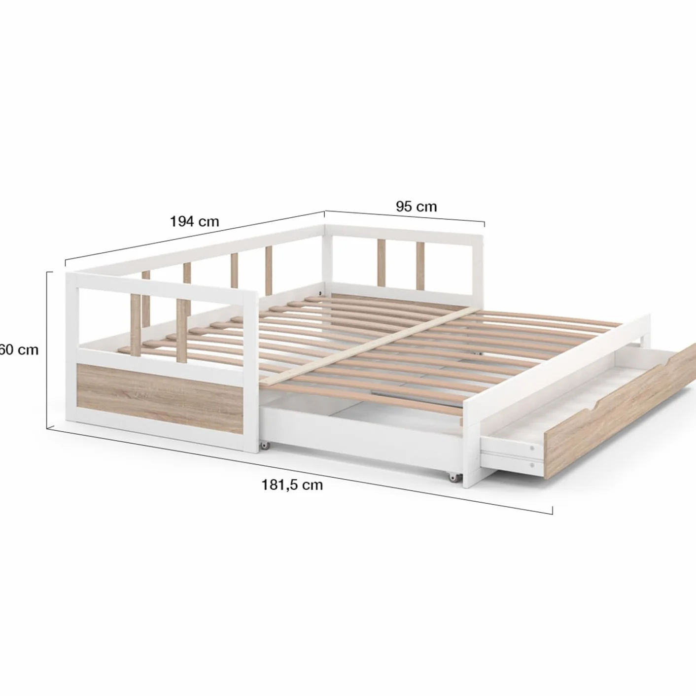 IDMarket - Cama tapizada 90 x 190 cm Zoya desplegable, 180 x 190 cm, Blanco y haya con 1 cajón