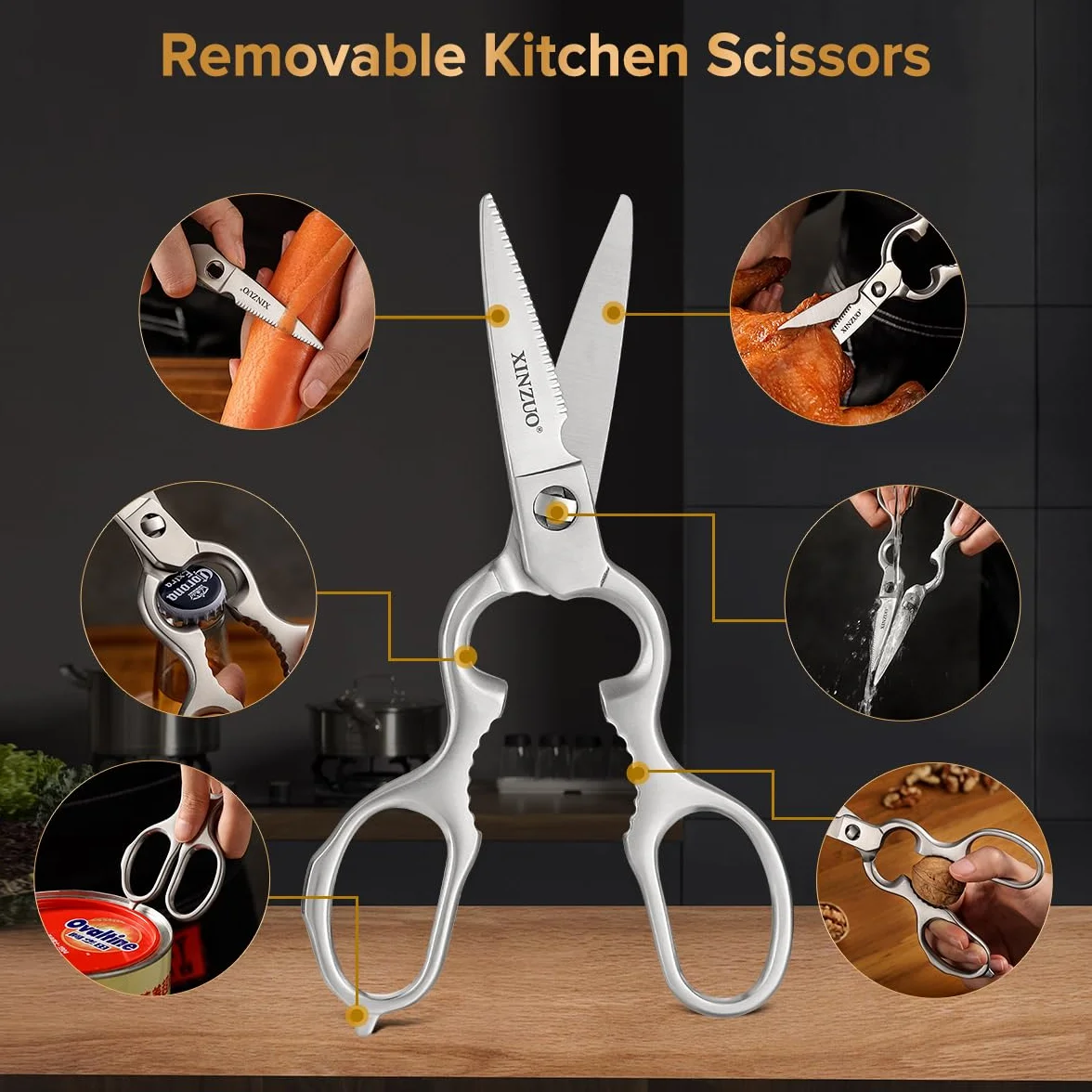 XINZUO Acero Damasco 7 Piezas Set Cuchillo profesional de chef Santoku con Bloque de Madera, Fileteador Universal Fruta,Tijeras de Cocina Multifuncionales con Mango de Pakkawood -Ya Serie