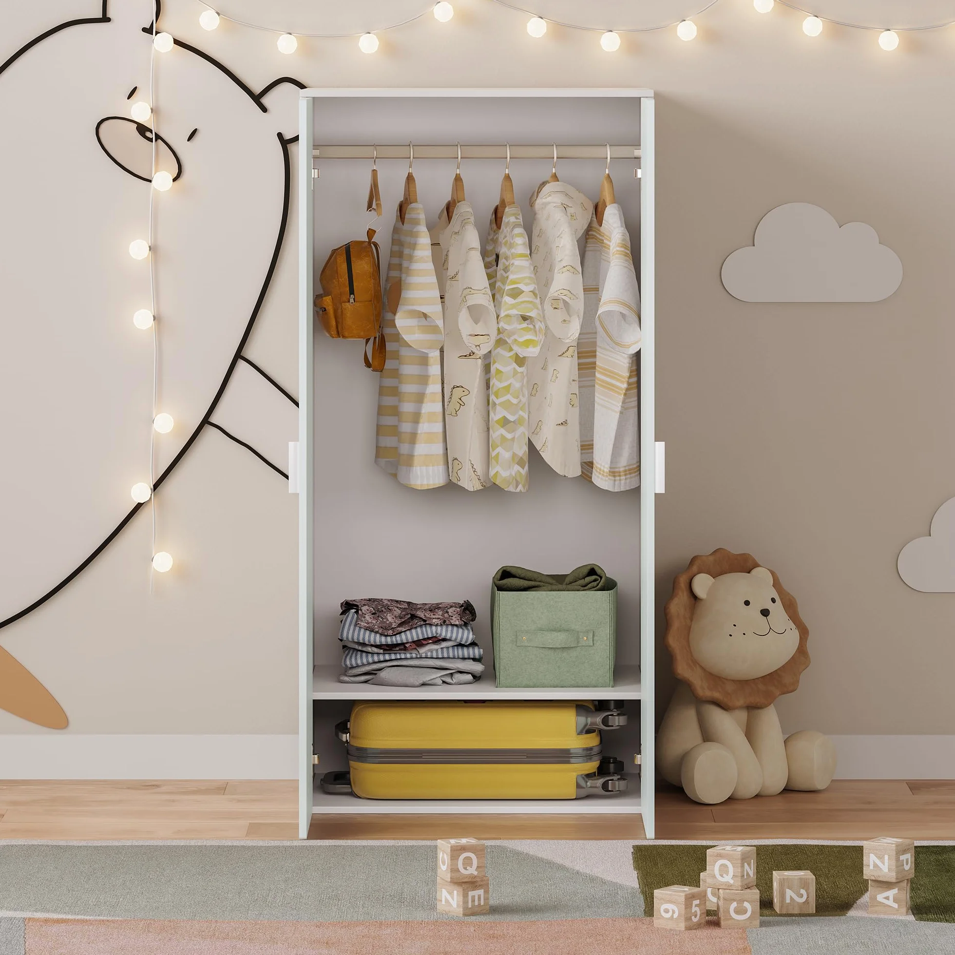 Armario Ropero Infantil Sandnes 123x60x40 cm Blanco/Verde Menta con Barra Colgante y 2 Puertas