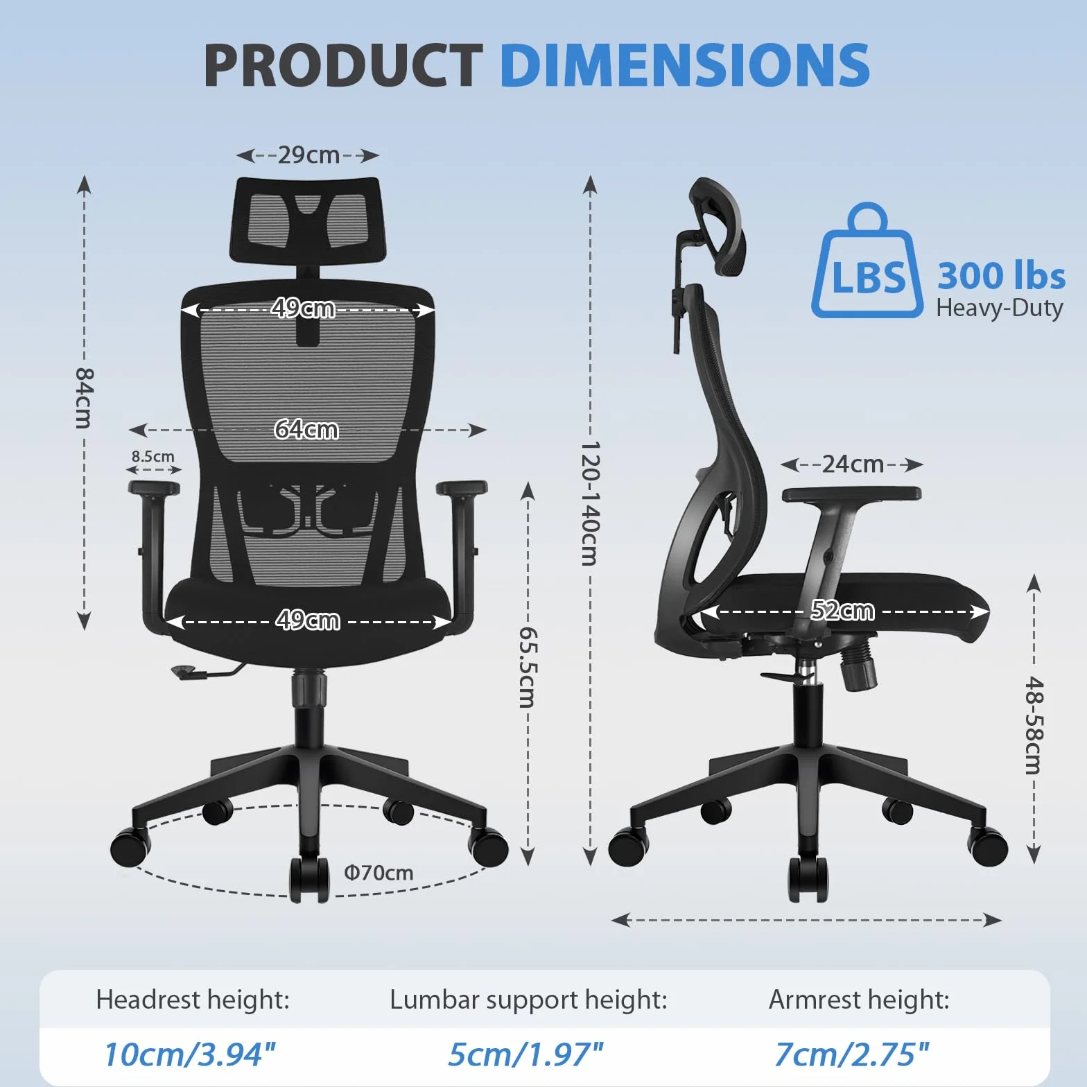 Durrafy Silla Oficina Ergonómica,Silla Escritorio con reposacabezas Ajustable,Reposabrazos, Soporte Lumbar, Altura Regulable y oscilación de 120°, Silla de Oficina Capacidad de Peso 150kg
