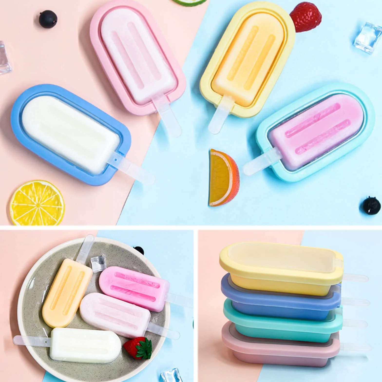 Juego de 4 Moldes de Silicona para Helados con Asas, Moldes Paletas Chocolate Multicolor