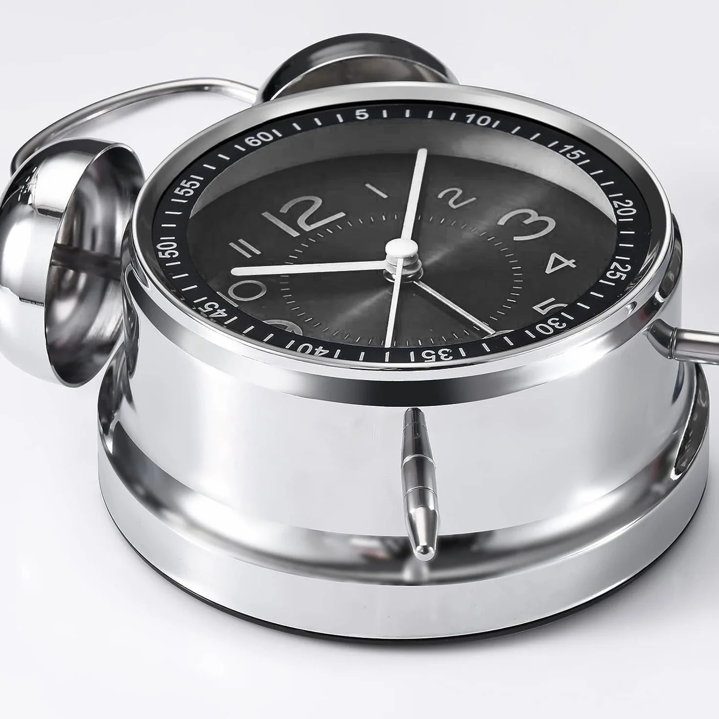 Reloj despertador fuerte metal 10,2 cm doble campanilla a pilas silencioso plateado