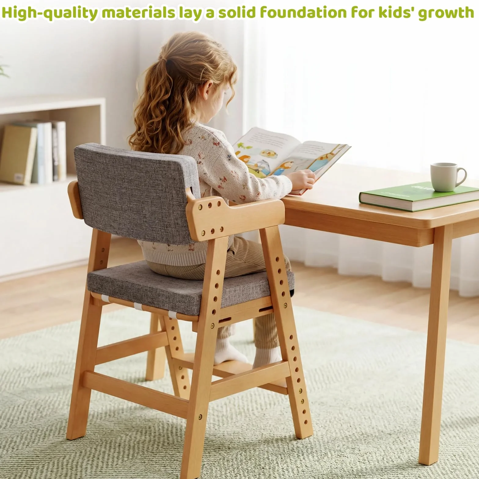 MAMIZO Silla para Niños Madera de Haya, Apta para Niños a Partir de 3 Años, con Altura Regulable y Cojín Cómodo, Silla de Comedor con Soporte hasta 120 kg, para Estudiar y Comer, Color Madera Natural