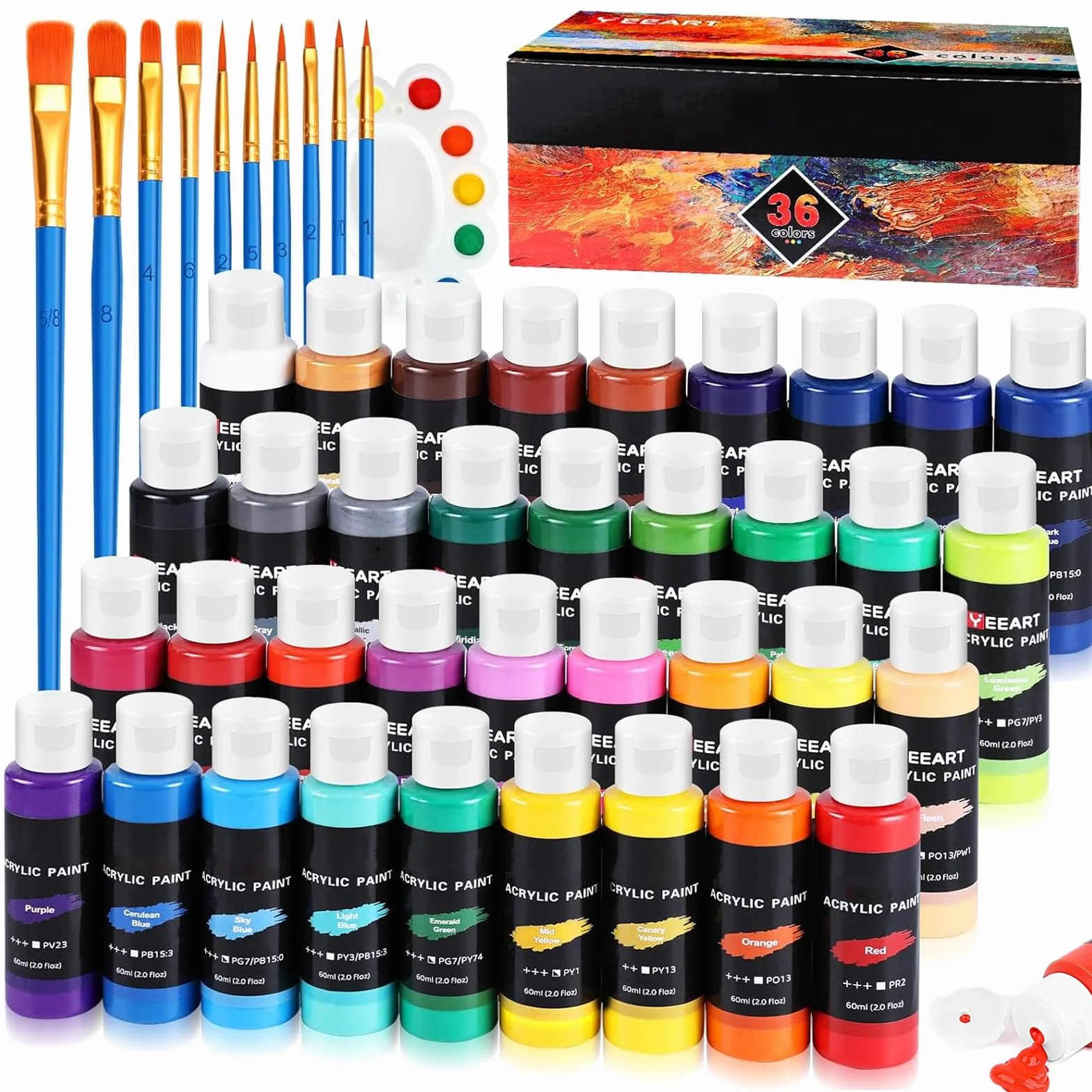 Juego de pinturas acrílicas, 50 colores × 60 ml, juego de pinturas acrílicas para adultos, 10 pinceles, no tóxico, resistente al agua, pigmentos ricos para adultos sobre piedras, lienzo, madera