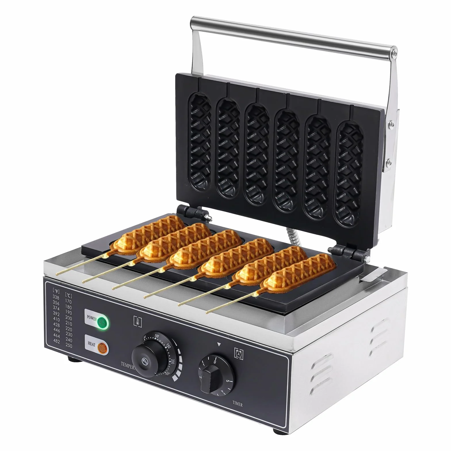Waffeleisen Waflera, 1500W de acero inoxidable, máquina eléctrica de gofres comercial con 6 piezas de asa/perrito caliente, gofres en brocheta para panaderías, restaurantes, quioscos