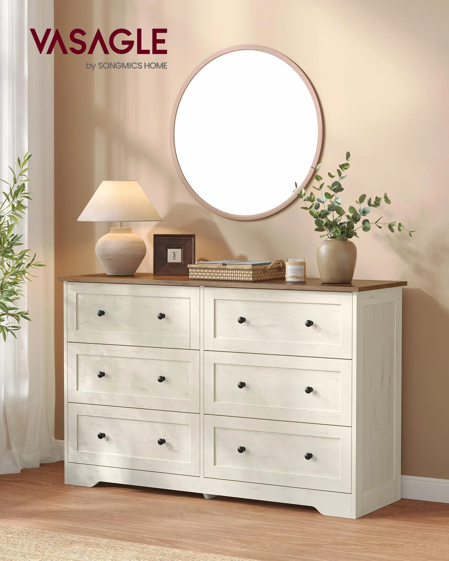 VASAGLE Siren Colección - Cajonera, Cómoda con Cajones, Estilo Rústico, Organizador Versátil, 6 Cajones, 40 x 120 x 78 cm, Blanco Rústico y Marrón Miel LTS663WJ01