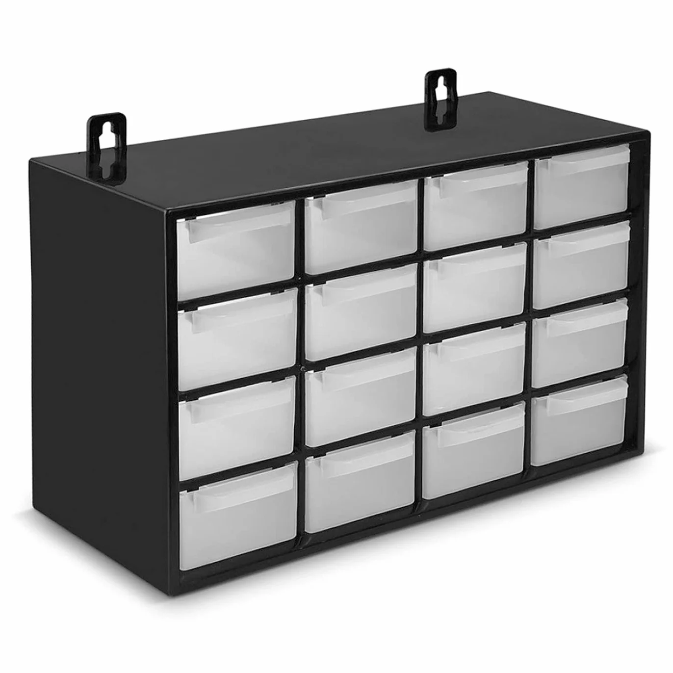 Clasificador apilable con 16 cajones, negro, 17 x 27 x 12 cm. Módulo, estante organizador de plástico para piezas pequeñas, taller, costura
