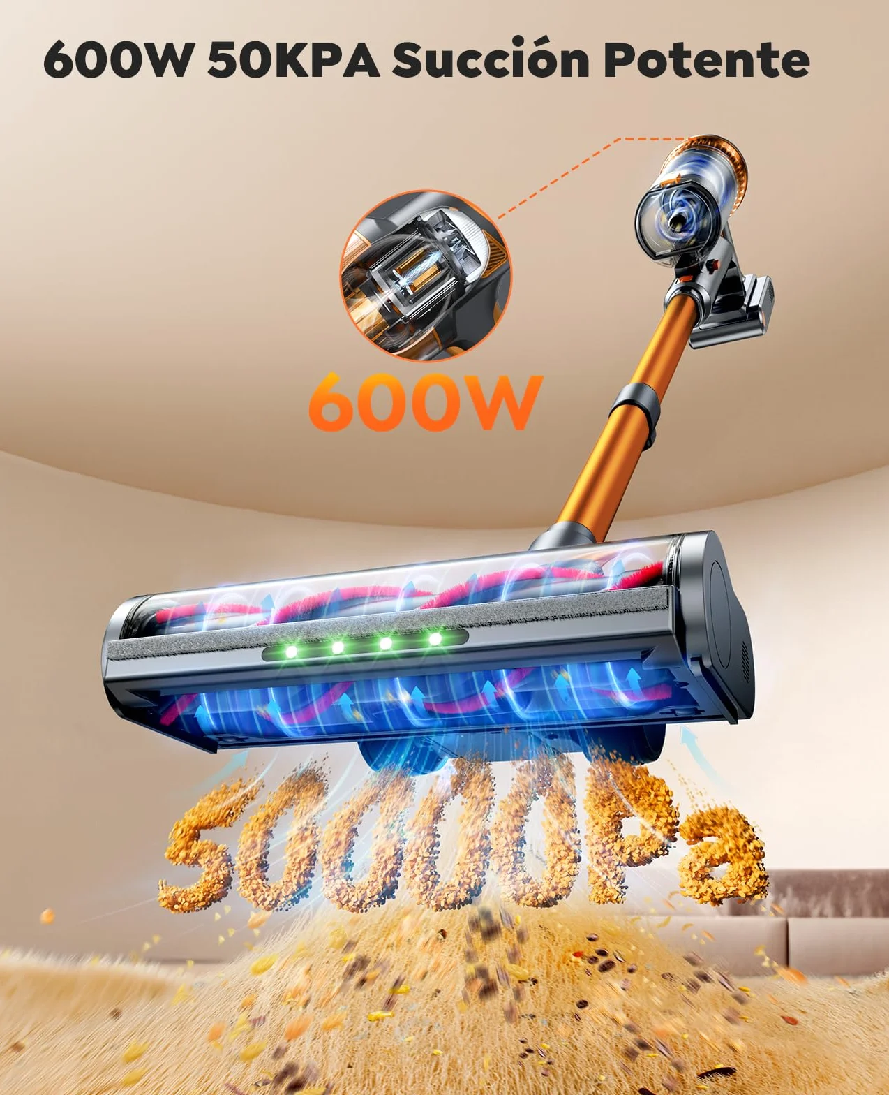 SMOTURE Aspiradora sin Cable 50KPA/600W/65Min, Aspirador Escoba con Manguera de 1M, Cepillo Anti-Enredo con Luz, Modo Automático, Base de Carga de Pared, para Pelo de Mascota/Suelos/Alfombras/Coche