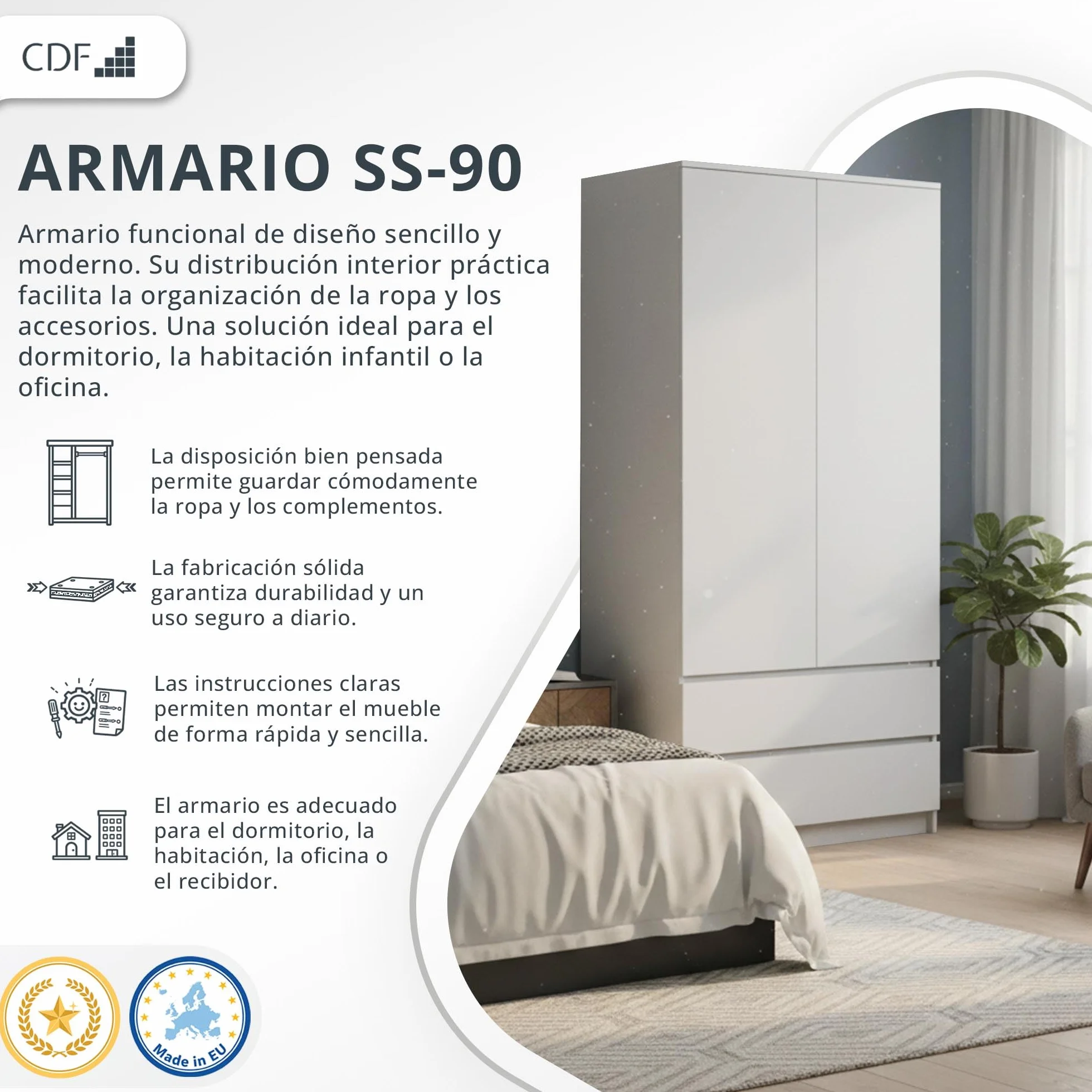 CDF Armario Dormitorio 90cm 2 Puertas 2 Cajones Armario Ropero Blanco Tablero Laminado 16 mm