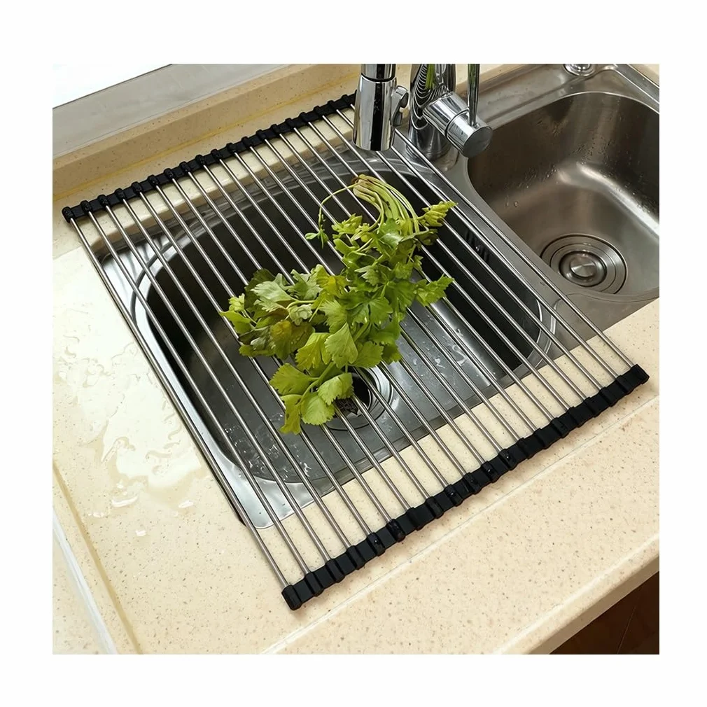 Escurridor de platos enrollable para colocar sobre el fregadero, ideal para la cocina. Escurridor de platos enrollable plegable para colocar sobre el fregadero, con alfombrilla de silicona y rejilla