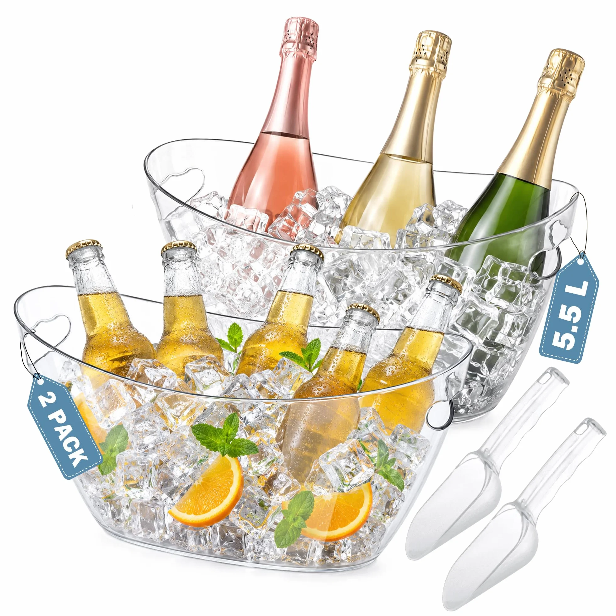 Cubos de hielo para fiestas, 2 piezas de acrílico champán para bebidas con 2 cucharas de hielo, cubos de bebidas para bar de cóctel, cubo de 5.5 L para fiesta de Navidad (transparente)