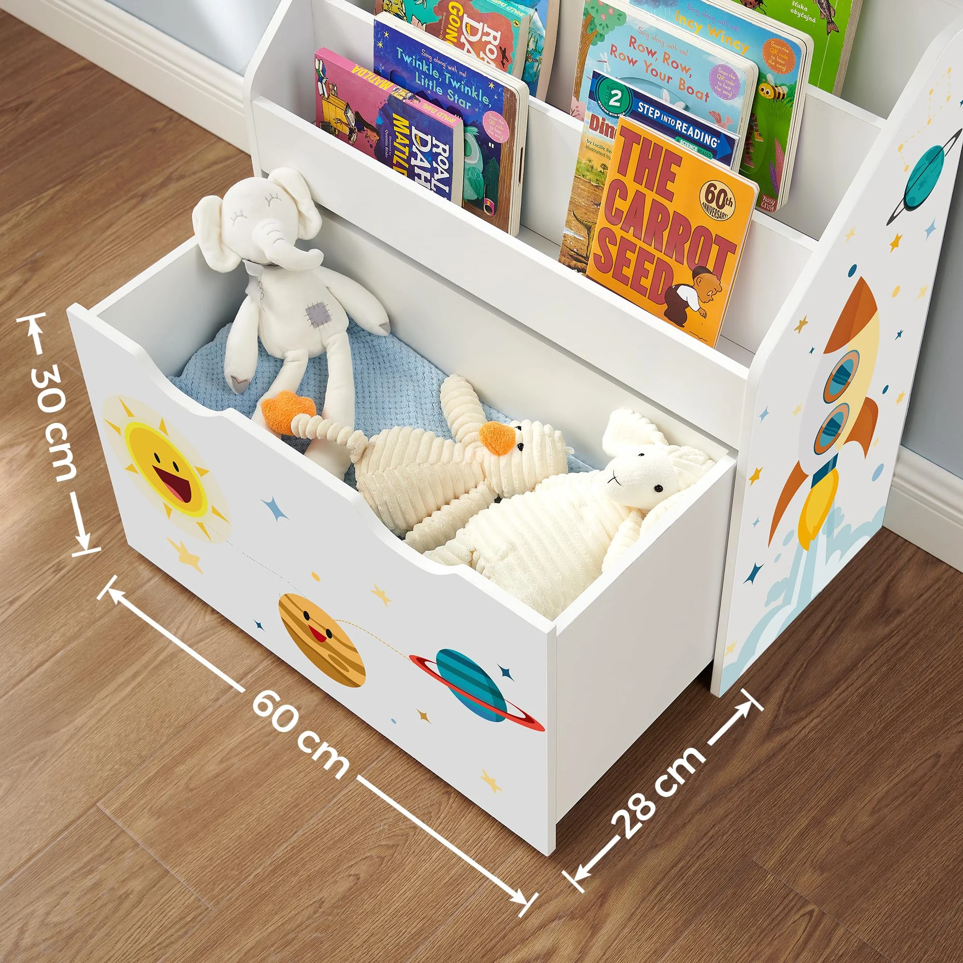 SONGMICS Estantería de Juguetes con 3 Compartimentos, Librería Infantil, Caja Móvil con Ruedas, Blanco GKR41WT