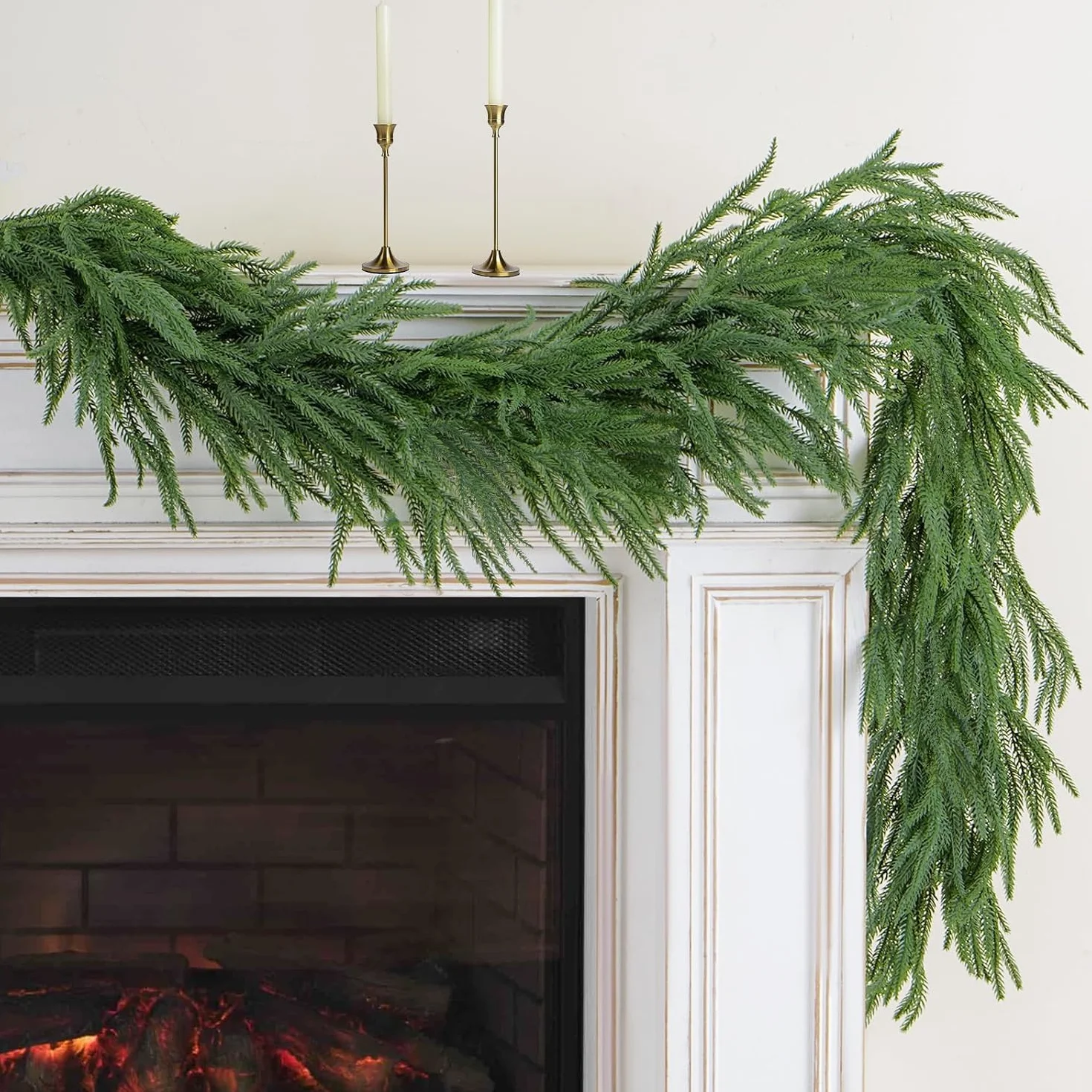Laelfe 1 Pieza Guirnalda de Navidad Artificial, 183 cm Guirnalda de Pino de Norfolk Verdura Artificial de Toque Real para Decoración Navidad, Chimenea, Mesa, Puerta, Escaleras, Interior y Exterior