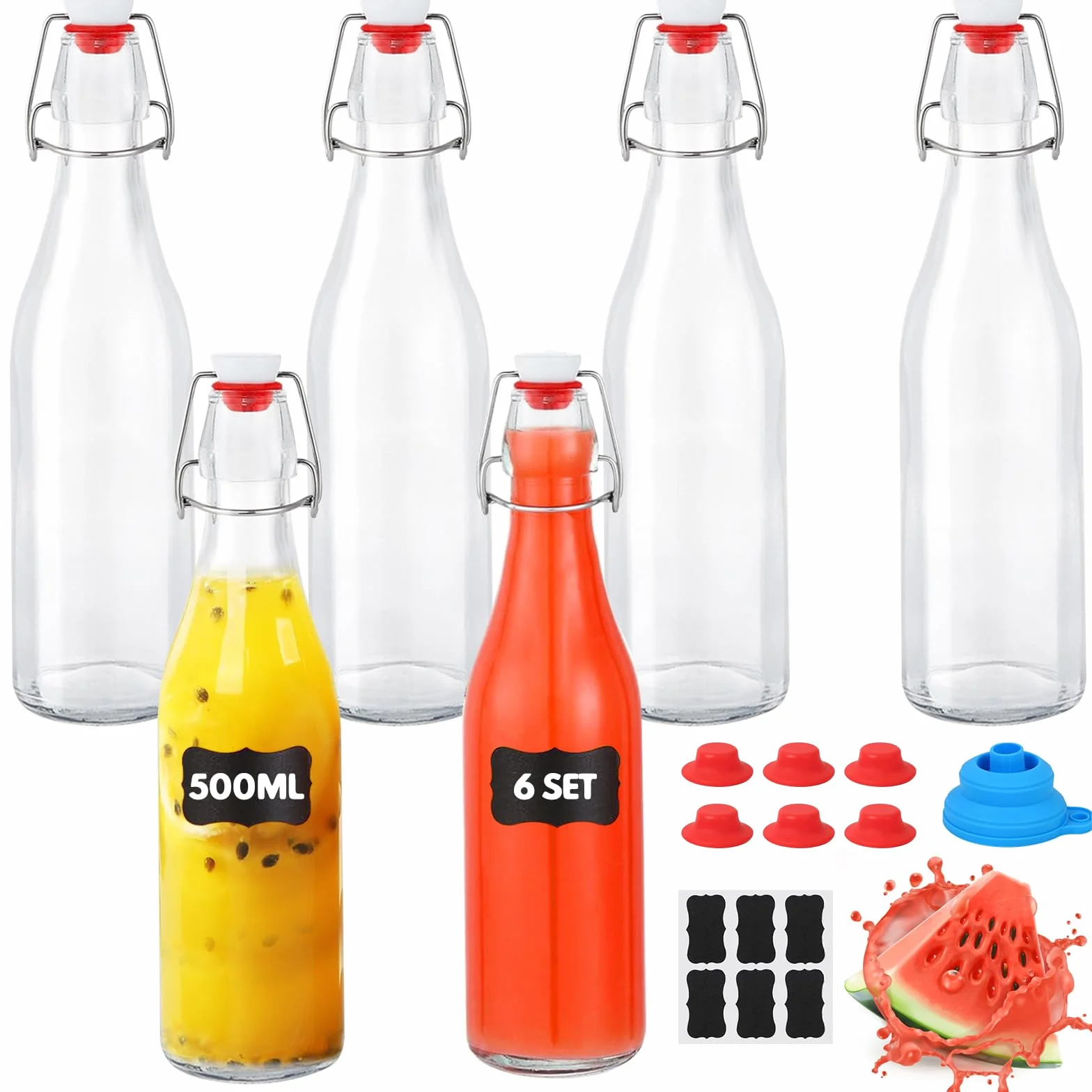 6 Botella Cristal 500ml con Tapón Hermético, Botella Cristal Reutilizable, Botella Vidrio con 6 Precintos Extra, 6 Etiquetas, Embudo, para Bebidas, Cerveza, Aceite, Zumo, Agua