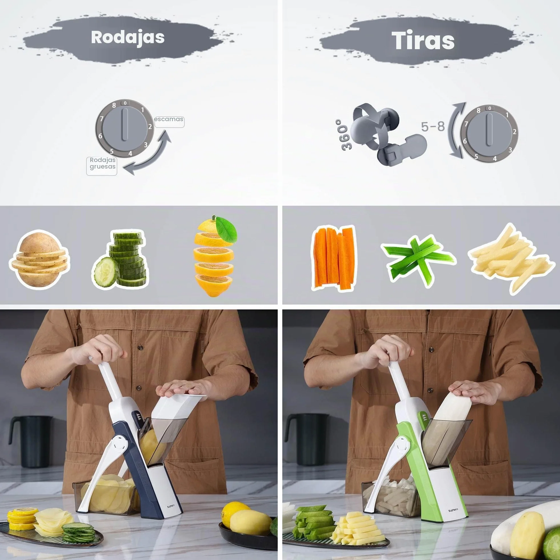 ONCE FOR ALL's Cortador de Verdura seguro, Multifuncional de Mandolina de Cocina Manual, Cuchillas de acero construidas, Artefacto de picar cocina para patata, Para el Chef y el Hogar (Gris)