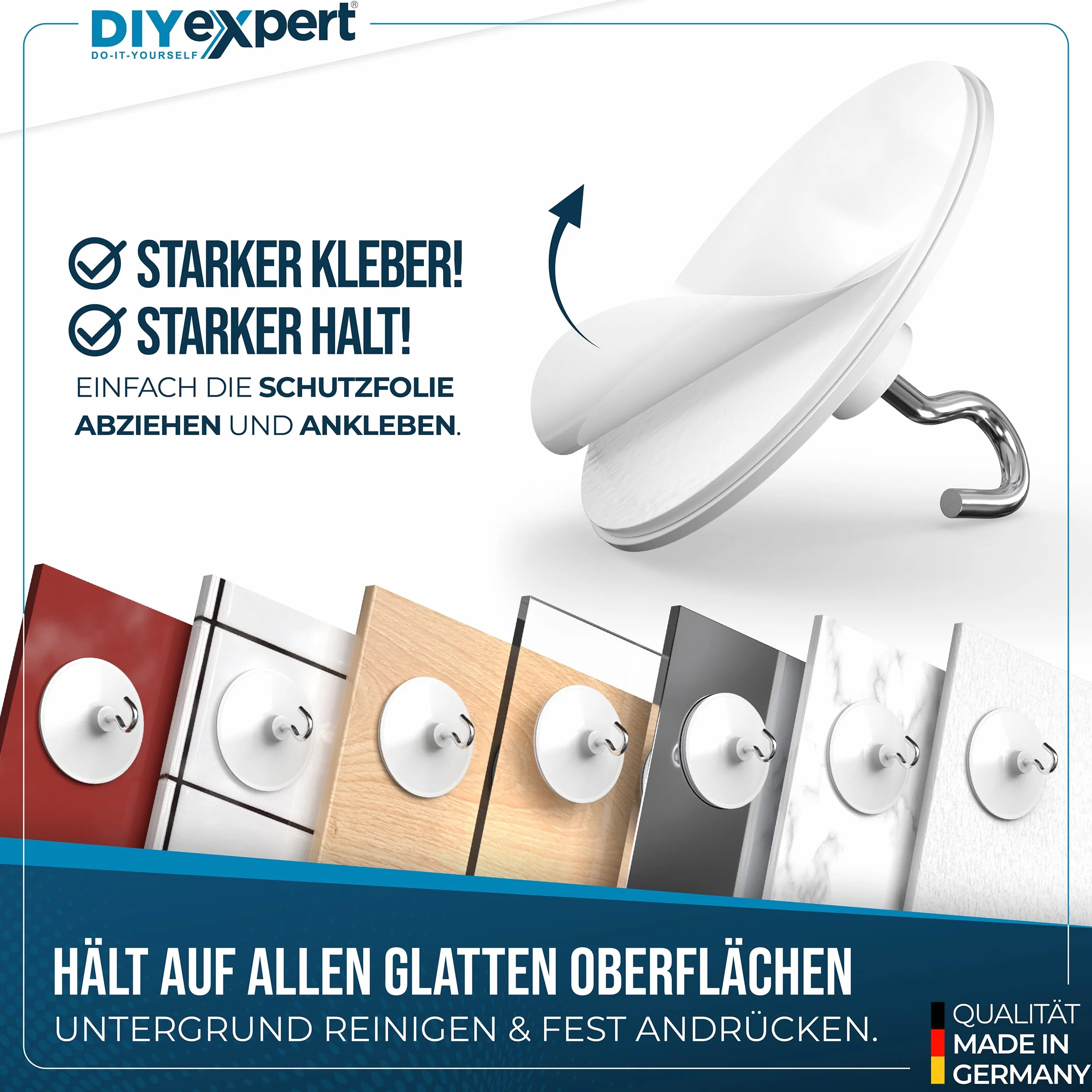 DIYexpert Ganchos de techo autoadhesivos, fabricados en Alemania, con gancho, 4 unidades, ganchos adhesivos para el techo extrafuertes, ganchos de pared sin taladrar