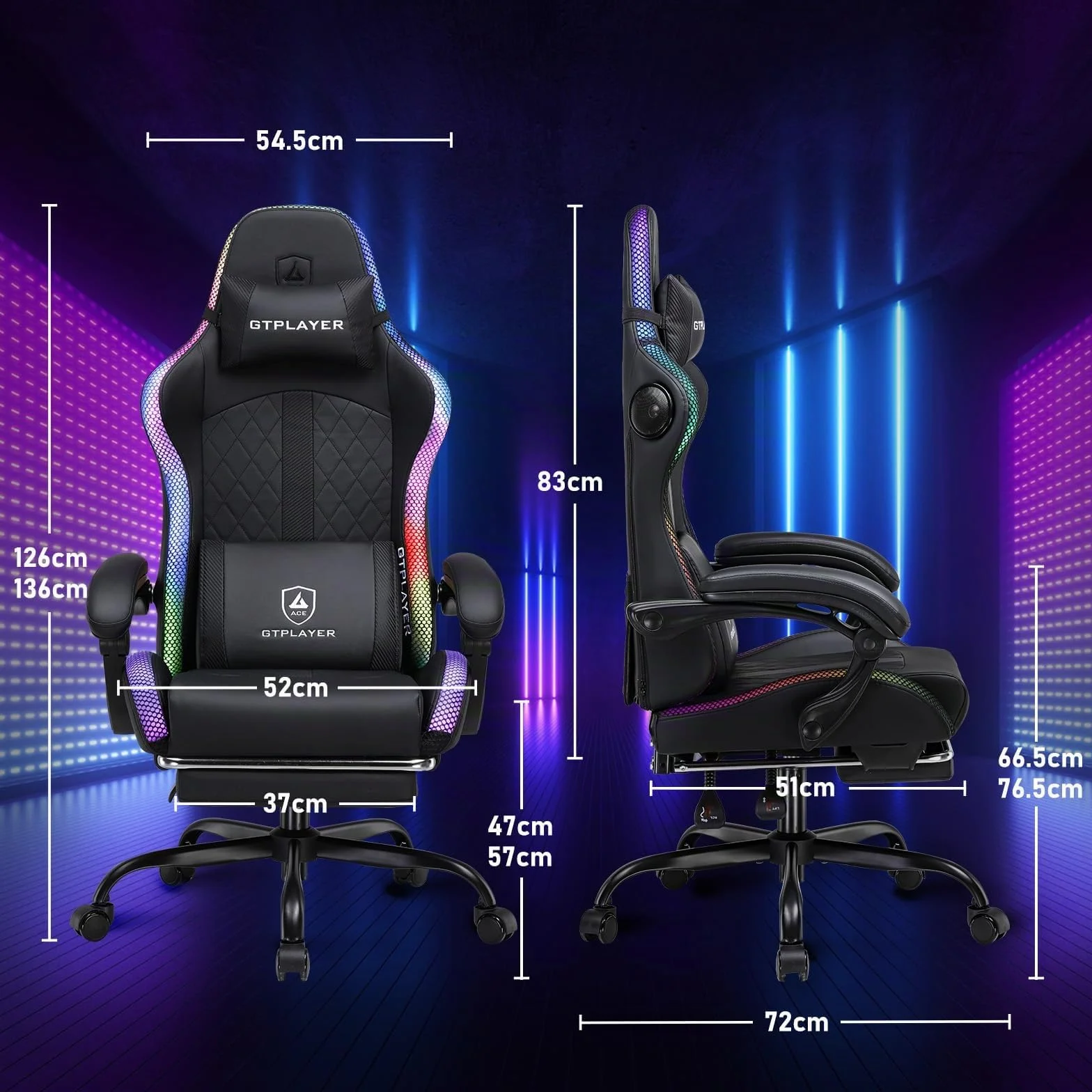 GTPLAYER Silla de gaming, silla de oficina, silla de gaming con altavoz y barra de luz, silla gamer, respaldo con bolsa de almacenamiento, silla ergonómica de PC con mando a distancia
