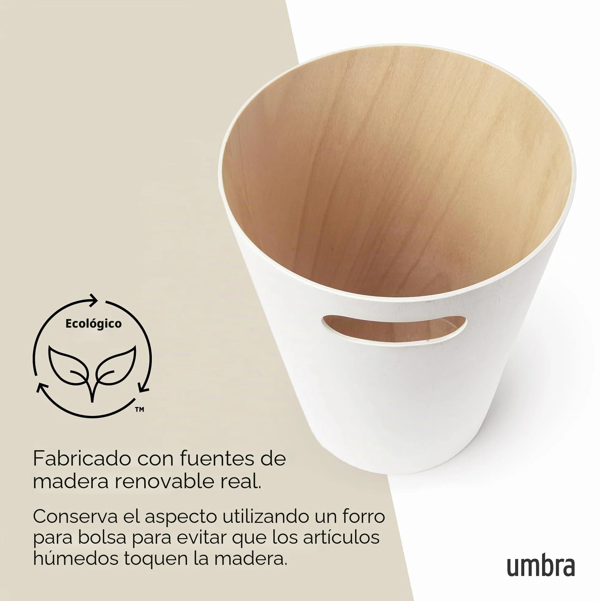 Umbra Woodrow Cesto de basura, con capacidad de 7.5 l, Blanco/Natural