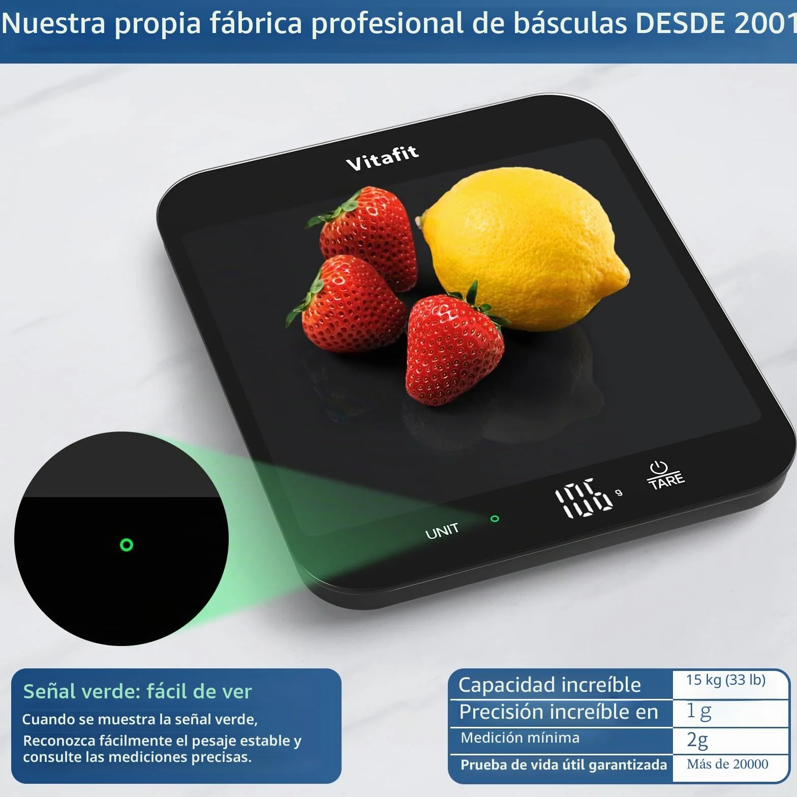 Vitafit Báscula Cocina Digital 15kg 1g Precisión Plataforma 215x180mm Negro