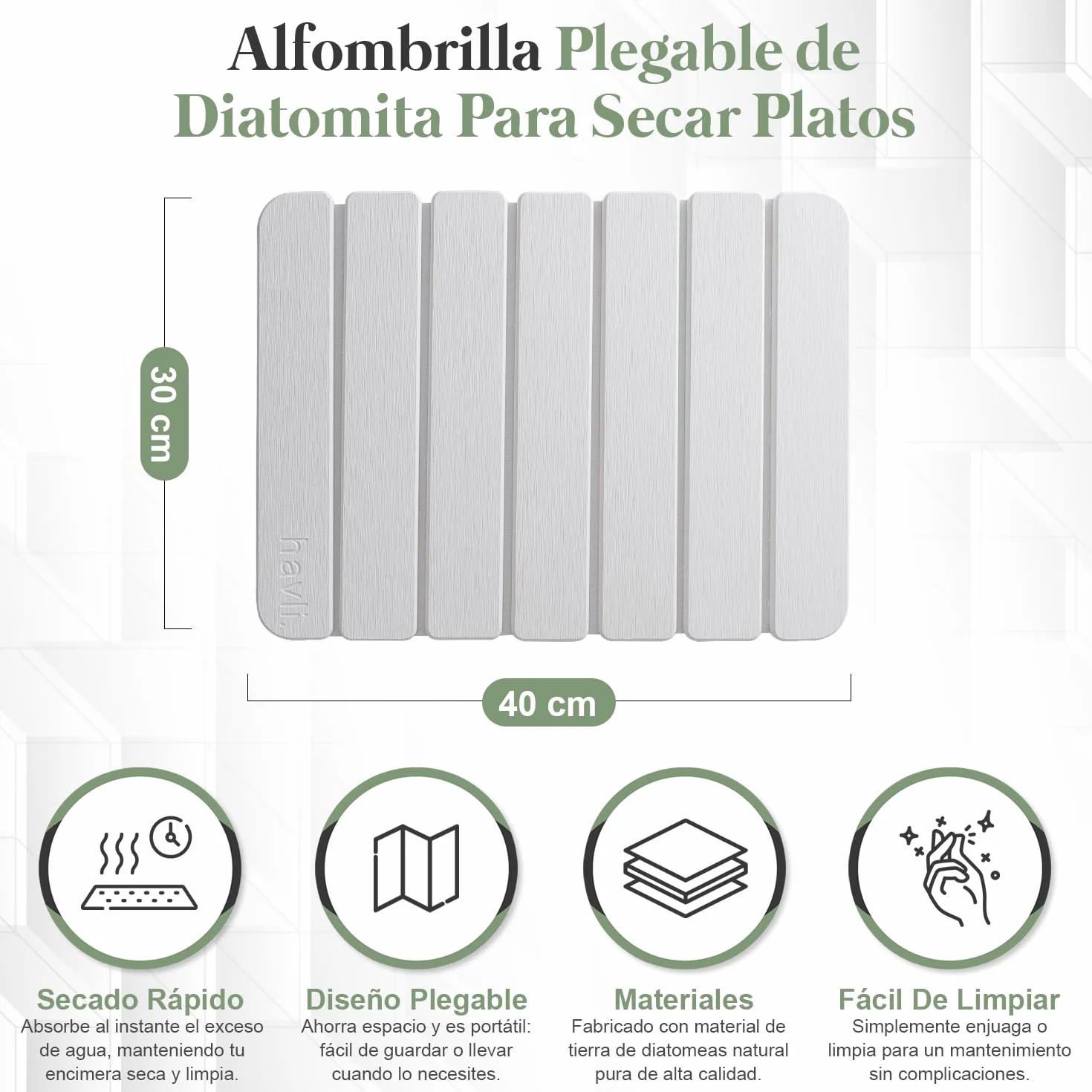 Alfombrilla Escurreplatos de Diatomita Plegable Absorbente Secado Rápido Cocina Antideslizante Base Cuero Sintético Incluye Lija Blanco