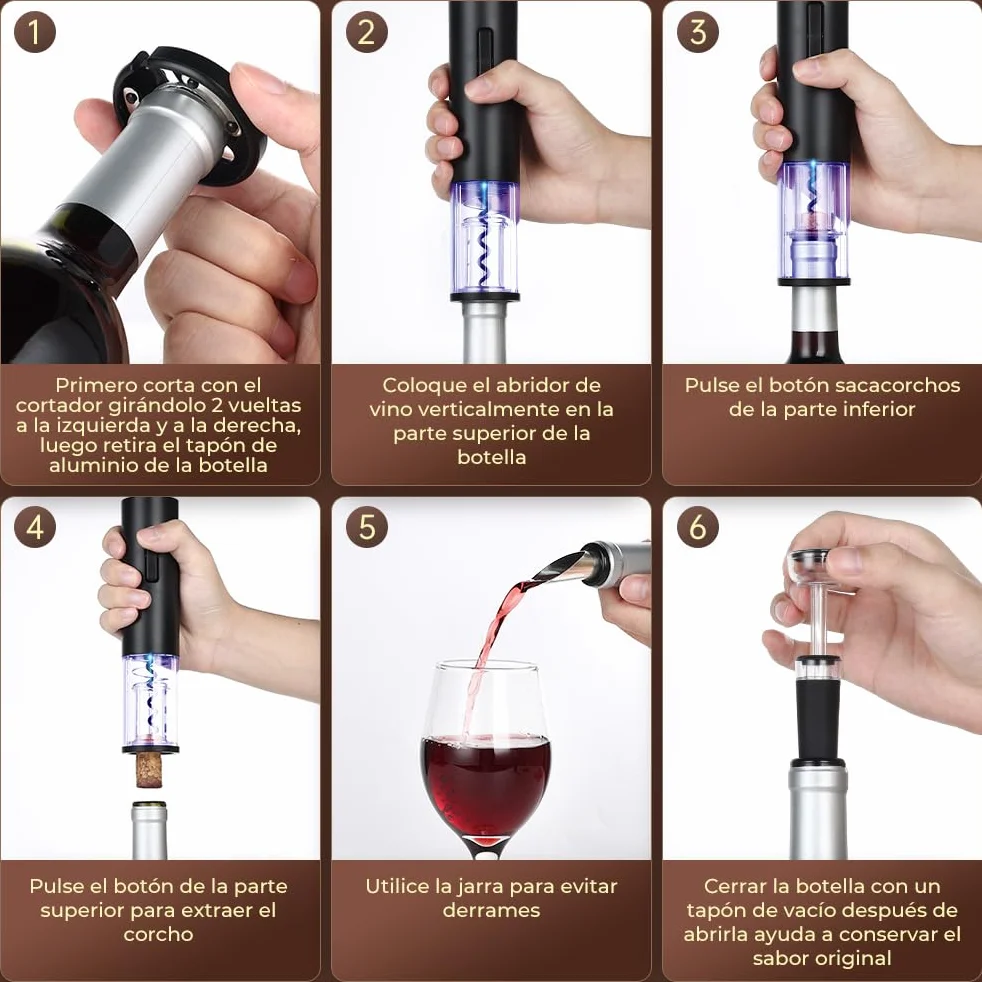 GHB Sacacorchos Eléctrico 6 en 1 Abridor de Botellas Recargable con Cortador de Papel, Vertedor, Tapón de Vacío, Aerator, Anillo de Vino, Cable USB