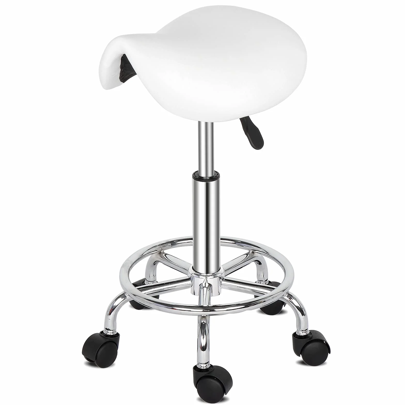 Bonnlo Ergonómico Taburete con Ruedas de Montar, Taburete Regulable Altura 51-65 cm, Taburete Giratorio con Ruedas 360° para Salones de Belleza, Spas y Oficinas Blanco (Blanco)