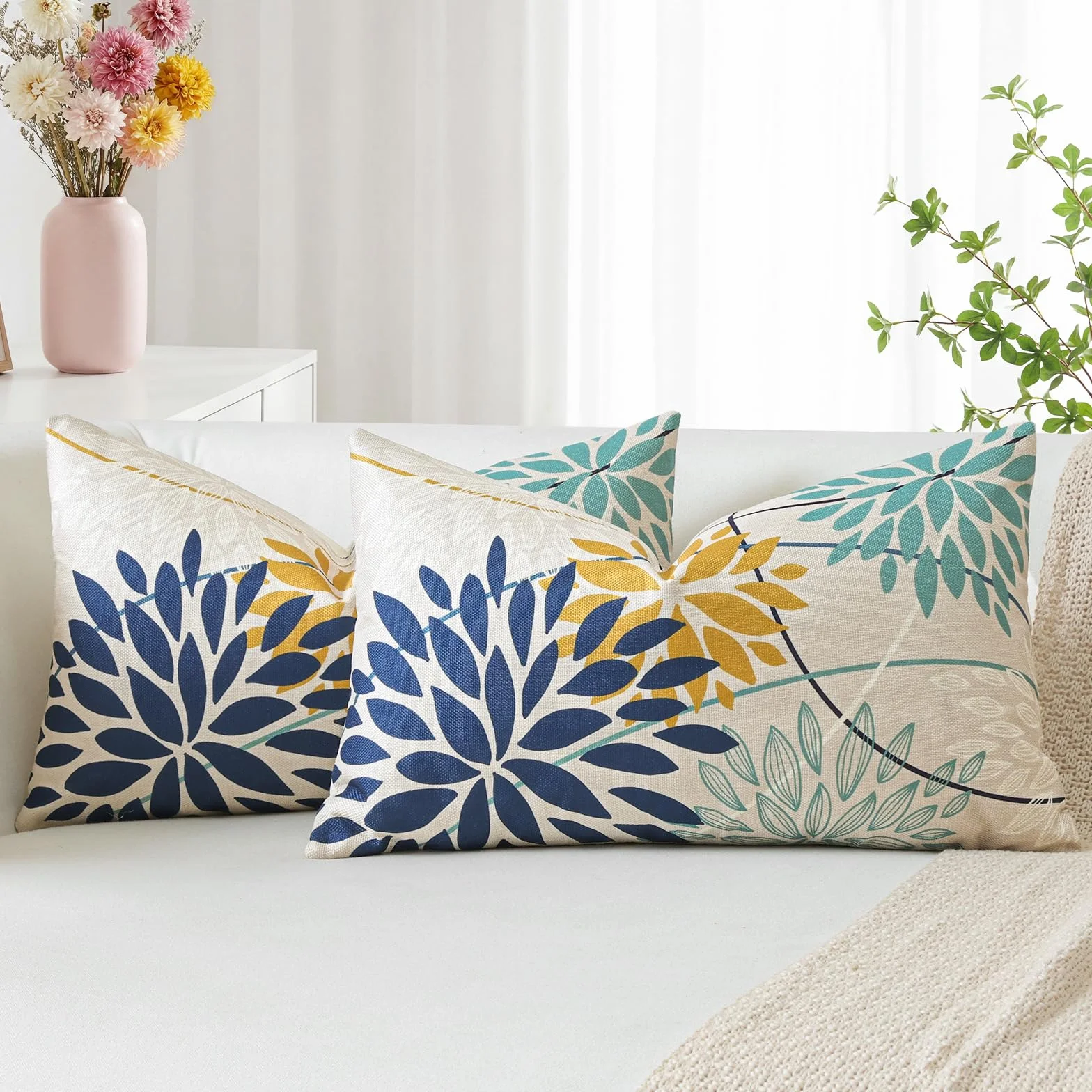 Artscope Funda de Cojín Decorativo 40 x 60 cm Flores Azul Amarillo Lino Geométrica