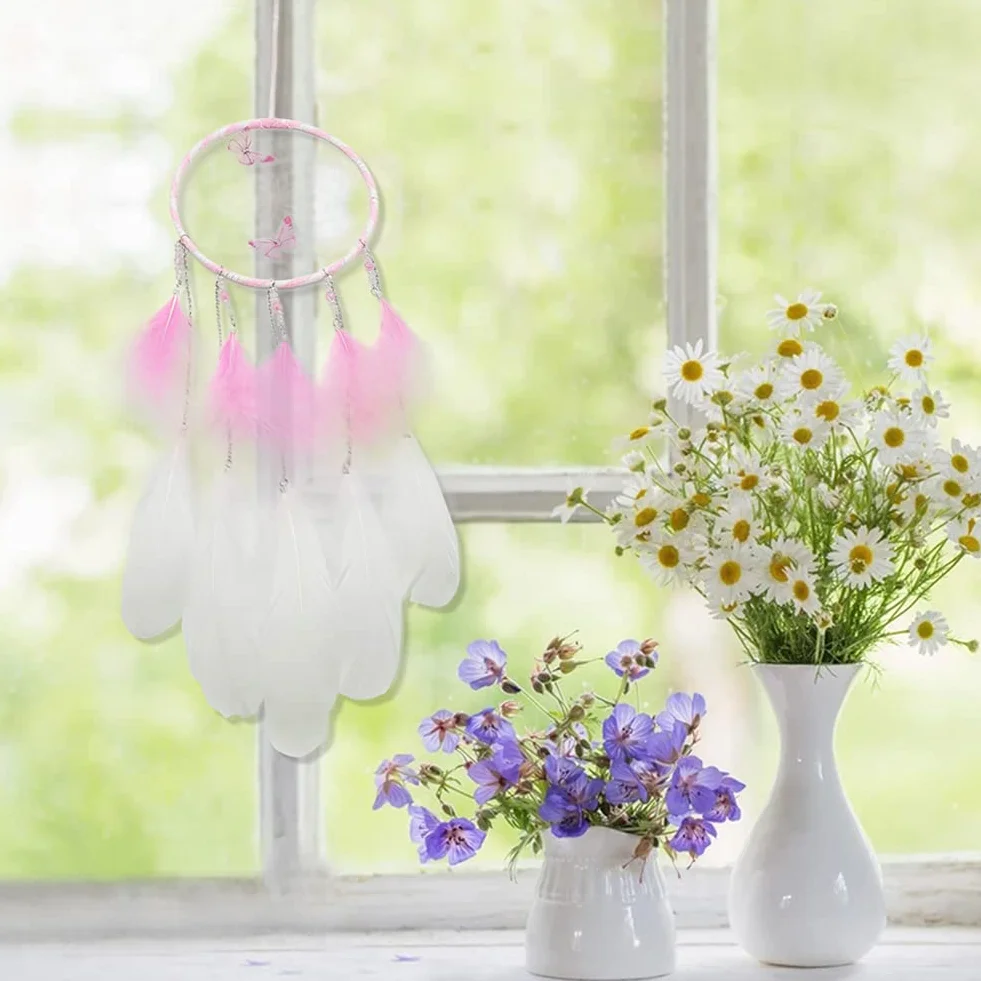 EQLEF Atrapasueños Rosa, Atrapasueños de Mariposa para Colgar en la Pared, Atrapasueños de Plumas, Adorno de Red de Hadas para Decoración de Bodas y Dormitorios